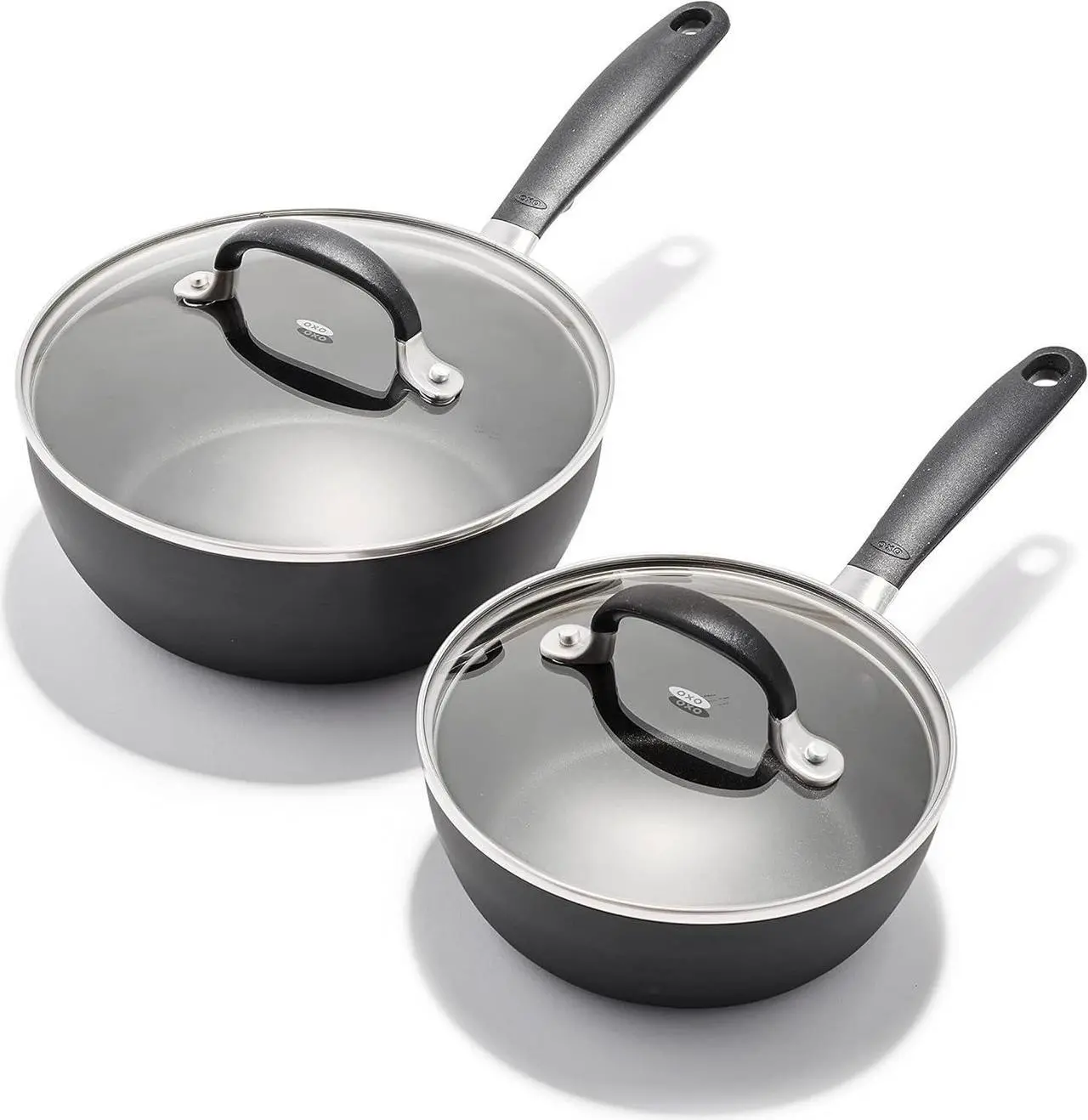 Main image of OXO Good Grips 1QT and 2QT Saucepan Pot Set with Lids, 3-Layered German Engineered Nonstick Coating, Stainless Steel Handles with Nonslip Silicone, Black