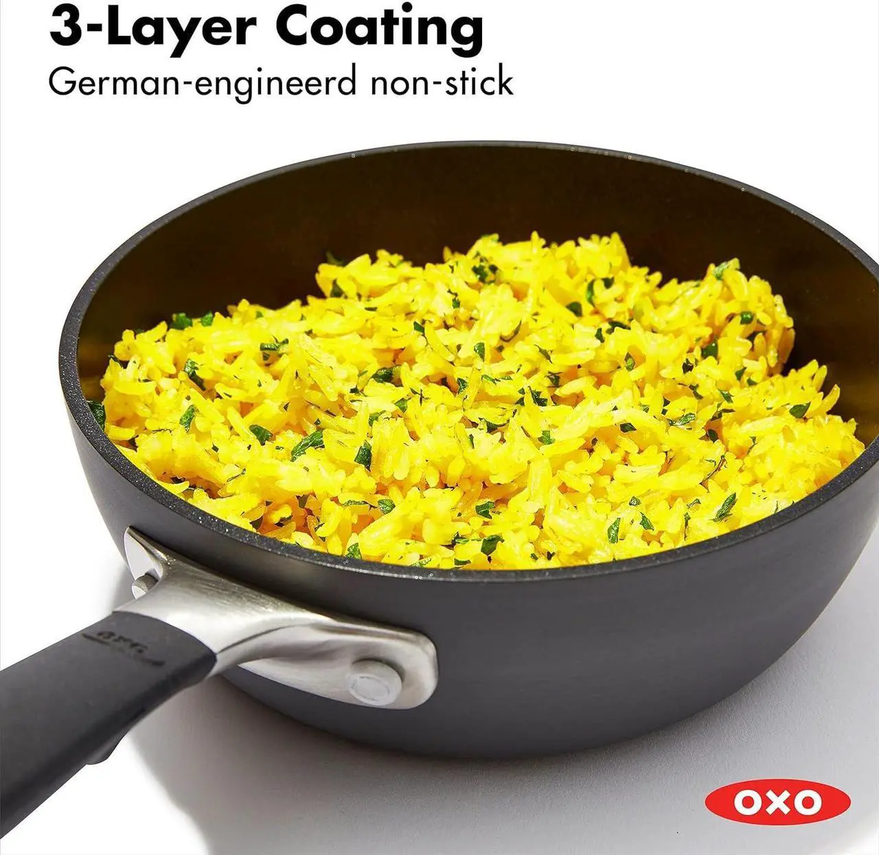 Alt view image 3 of 7 - OXO Good Grips 1QT and 2QT Saucepan Pot Set with Lids, 3-Layered German Engineered Nonstick Coating, Stainless Steel Handles with Nonslip Silicone, Black