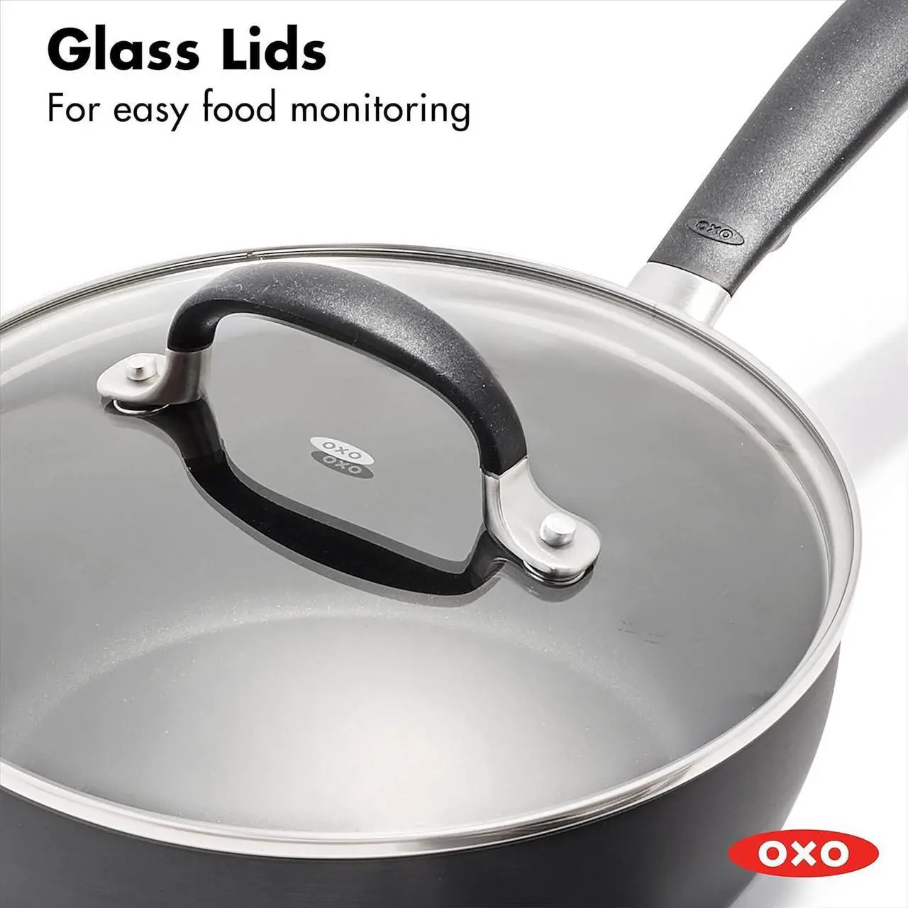 Alt view image 4 of 7 - OXO Good Grips 1QT and 2QT Saucepan Pot Set with Lids, 3-Layered German Engineered Nonstick Coating, Stainless Steel Handles with Nonslip Silicone, Black