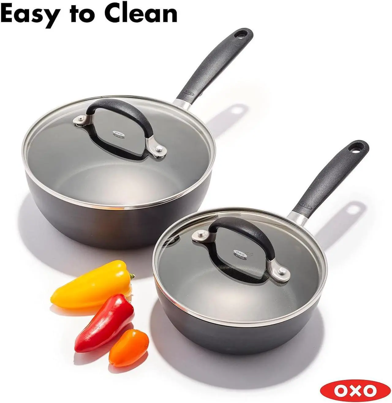 Alt view image 6 of 7 - OXO Good Grips 1QT and 2QT Saucepan Pot Set with Lids, 3-Layered German Engineered Nonstick Coating, Stainless Steel Handles with Nonslip Silicone, Black