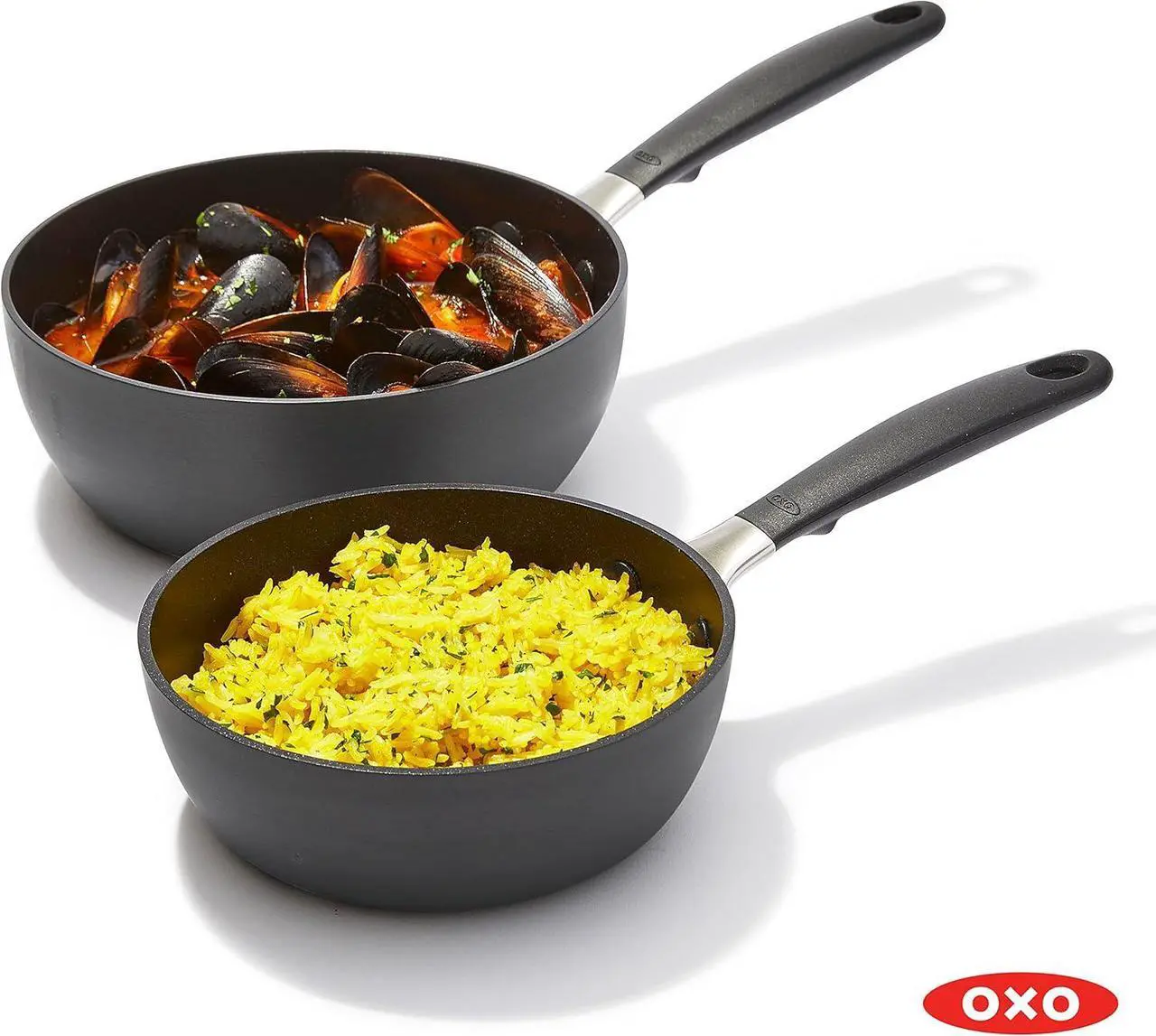 Alt view image 7 of 7 - OXO Good Grips 1QT and 2QT Saucepan Pot Set with Lids, 3-Layered German Engineered Nonstick Coating, Stainless Steel Handles with Nonslip Silicone, Black