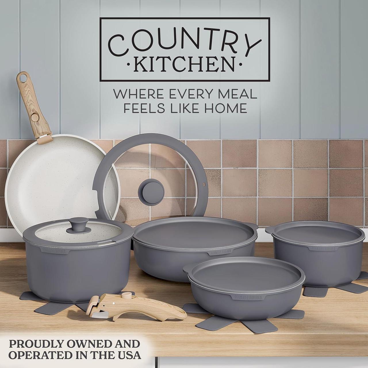 Alt view image 2 of 7 - Country Kitchen Cookware Set with Removable Handle, Oven & RV Safe Pots and Pans Set, Grey/Ivory Wood Handle, Original