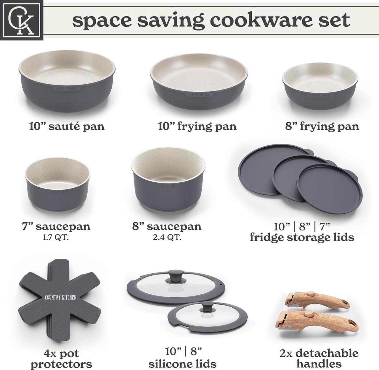 Alt view image 3 of 7 - Country Kitchen Cookware Set with Removable Handle, Oven & RV Safe Pots and Pans Set, Grey/Ivory Wood Handle, Original