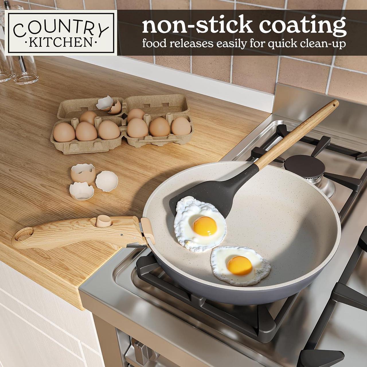 Alt view image 4 of 7 - Country Kitchen Cookware Set with Removable Handle, Oven & RV Safe Pots and Pans Set, Grey/Ivory Wood Handle, Original