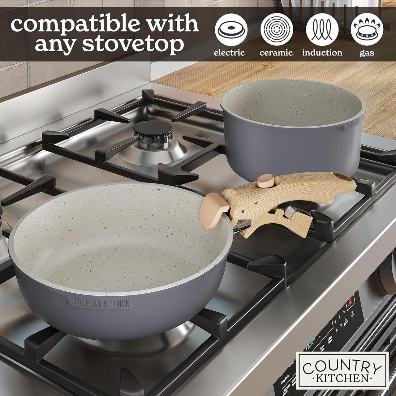 Alt view image 6 of 7 - Country Kitchen Cookware Set with Removable Handle, Oven & RV Safe Pots and Pans Set, Grey/Ivory Wood Handle, Original