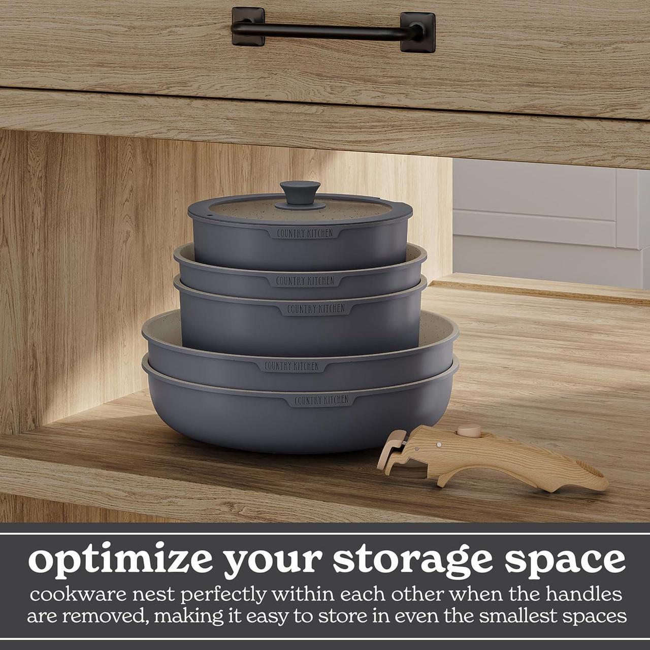 Alt view image 5 of 7 - Country Kitchen Cookware Set with Removable Handle, Oven & RV Safe Pots and Pans Set, Grey/Ivory Wood Handle, Original