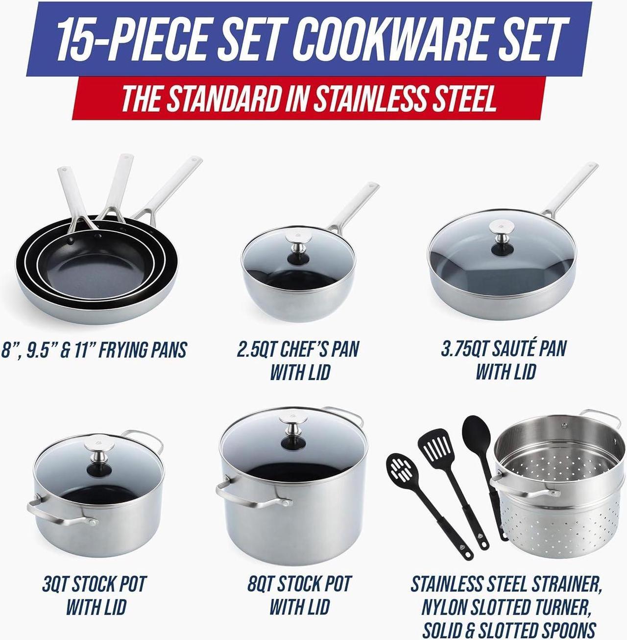 Alt view image 3 of 7 - Blue Diamond 15-Piece Tri-Ply Stainless Steel Cookware Set, Healthy Ceramic Nonstick, Induction-Compatible Pots & Pans, PFAS & PFOA-Free, Dishwasher Safe, 600°F Oven Safe, Metal Utensil Safe, Silver