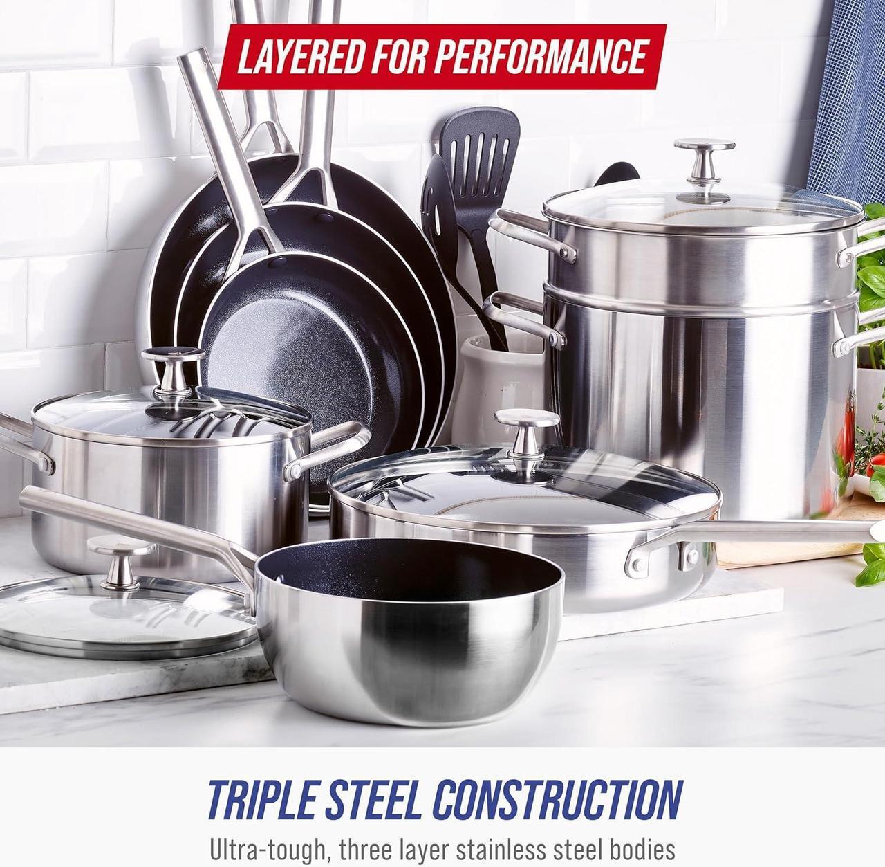 Alt view image 5 of 7 - Blue Diamond 15-Piece Tri-Ply Stainless Steel Cookware Set, Healthy Ceramic Nonstick, Induction-Compatible Pots & Pans, PFAS & PFOA-Free, Dishwasher Safe, 600°F Oven Safe, Metal Utensil Safe, Silver