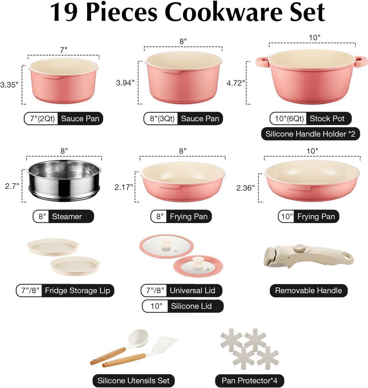 Alt view image 2 of 6 - IKTU Ceramic Pots and Pans Set Non Stick Pink, 19 Pcs Nonstick Cookware Set with Detachable Handle RV Camping Induction Kitchen Cookware Set Non Stick, PFAS PFOA & PTFE Free
