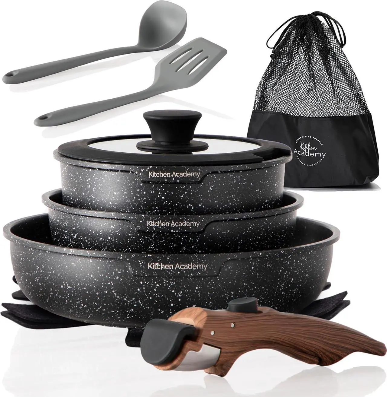Main image of Kitchen Academy Detachable Handle Induction Cookware Sets - 10 Piece Non-stick Cooking Pots and Pans, Black Granite Stackable RV Cookware for Camp