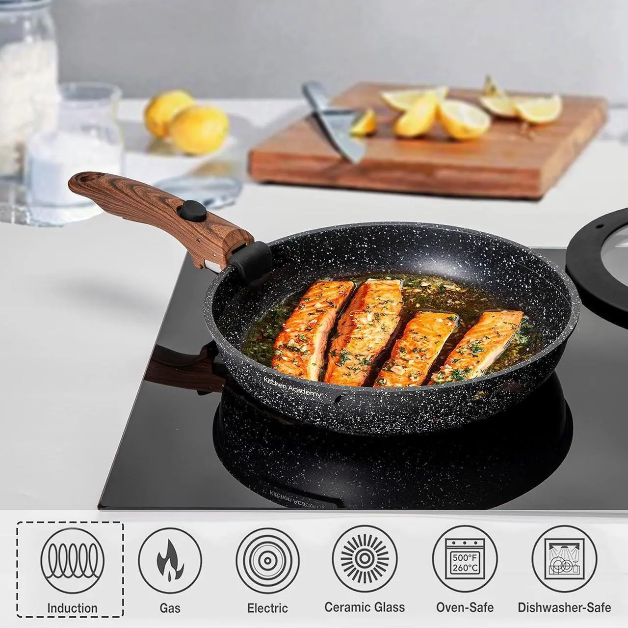 Alt view image 3 of 7 - Kitchen Academy Detachable Handle Induction Cookware Sets - 10 Piece Non-stick Cooking Pots and Pans, Black Granite Stackable RV Cookware for Camp