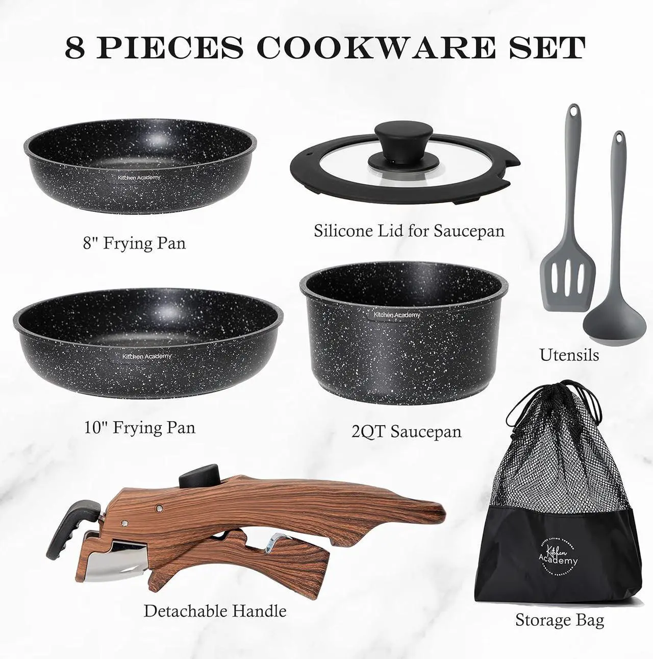 Alt view image 7 of 7 - Kitchen Academy Detachable Handle Induction Cookware Sets - 10 Piece Non-stick Cooking Pots and Pans, Black Granite Stackable RV Cookware for Camp