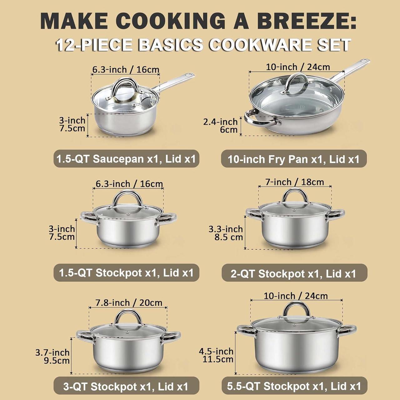 Alt view image 2 of 7 - Cook N Home Kitchen Cookware Sets, 12-Piece Basic Stainless Steel Pots and Pans, Silver
