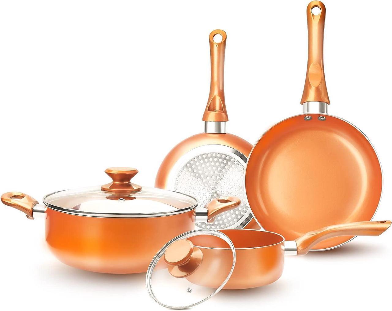 Main image of FRUITEAM 6-piece Nonstick Kitchen Cookware Set, Ceramic Coating Cooking Stock / Milk Pot/Frying Pans, Copper Aluminum Pan with Lid, Induction/Gas Kitchenware
