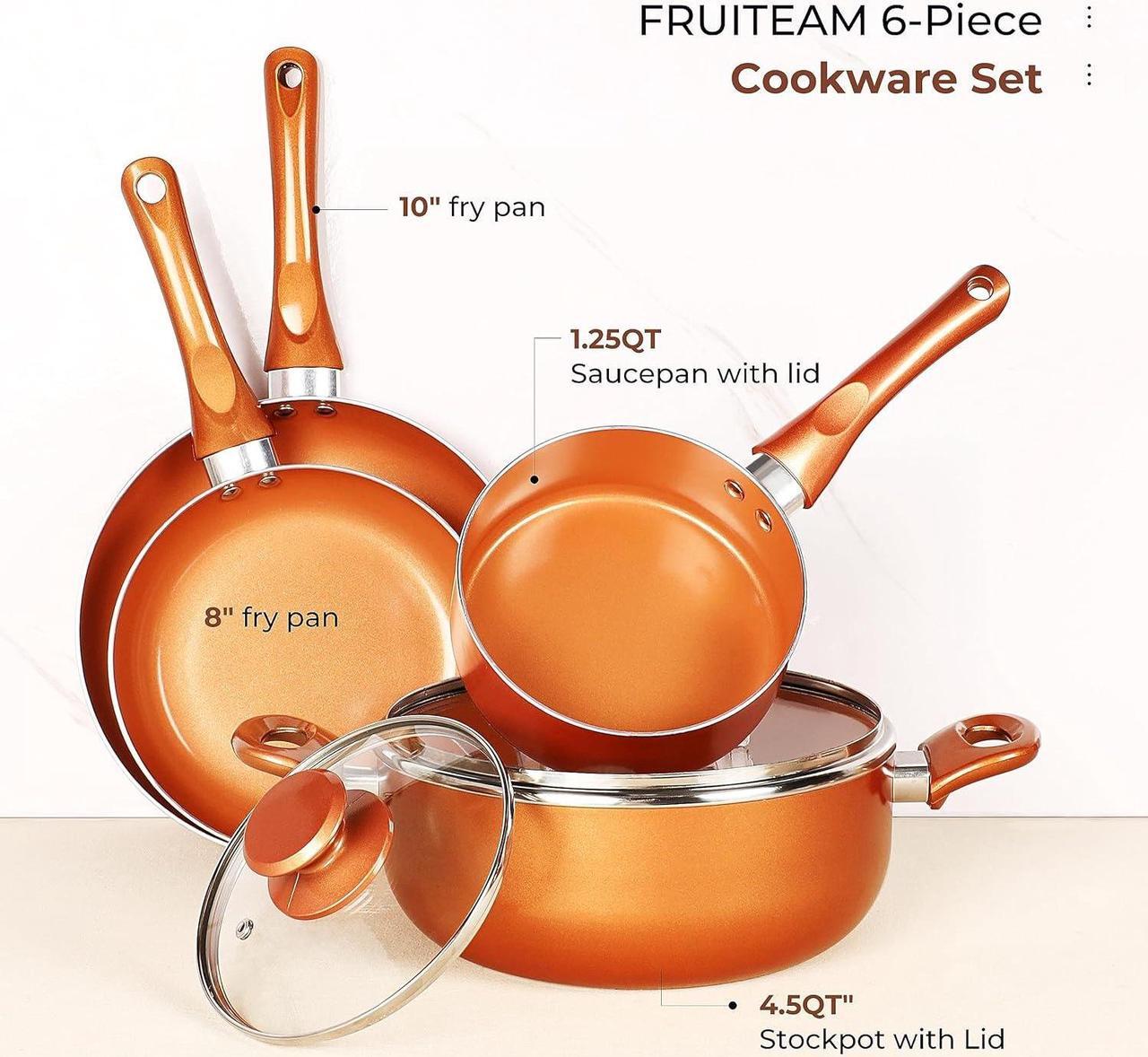 Alt view image 2 of 7 - FRUITEAM 6-piece Nonstick Kitchen Cookware Set, Ceramic Coating Cooking Stock / Milk Pot/Frying Pans, Copper Aluminum Pan with Lid, Induction/Gas Kitchenware