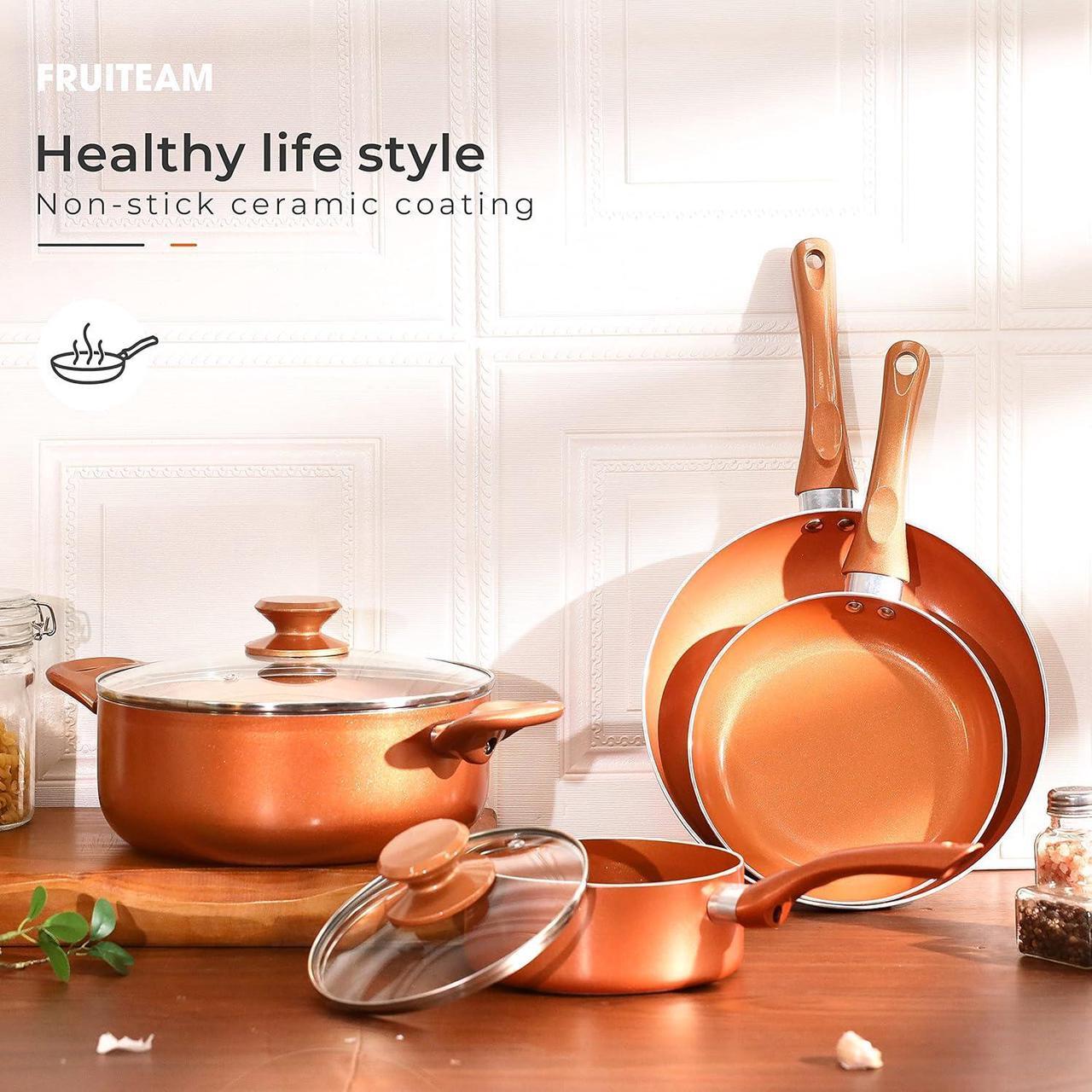 Alt view image 6 of 7 - FRUITEAM 6-piece Nonstick Kitchen Cookware Set, Ceramic Coating Cooking Stock / Milk Pot/Frying Pans, Copper Aluminum Pan with Lid, Induction/Gas Kitchenware