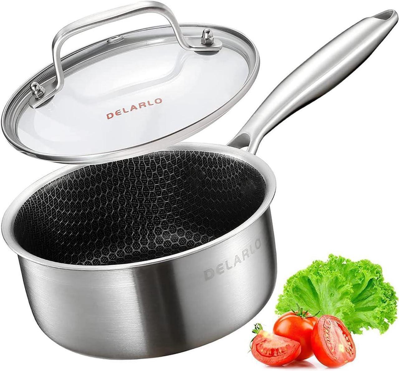 Main image of DELARLO Tri-Ply Hybrid Stainless Steel Sauce Pan, Hybird 1.5QT Non Stick Pots, All Stove Safe Up to 600, Sauce Pot 1.5 Quart Non Stick Sauce Pan, Saucier Pan, Honeycomb Pan,Small Saucepan, Lids 300