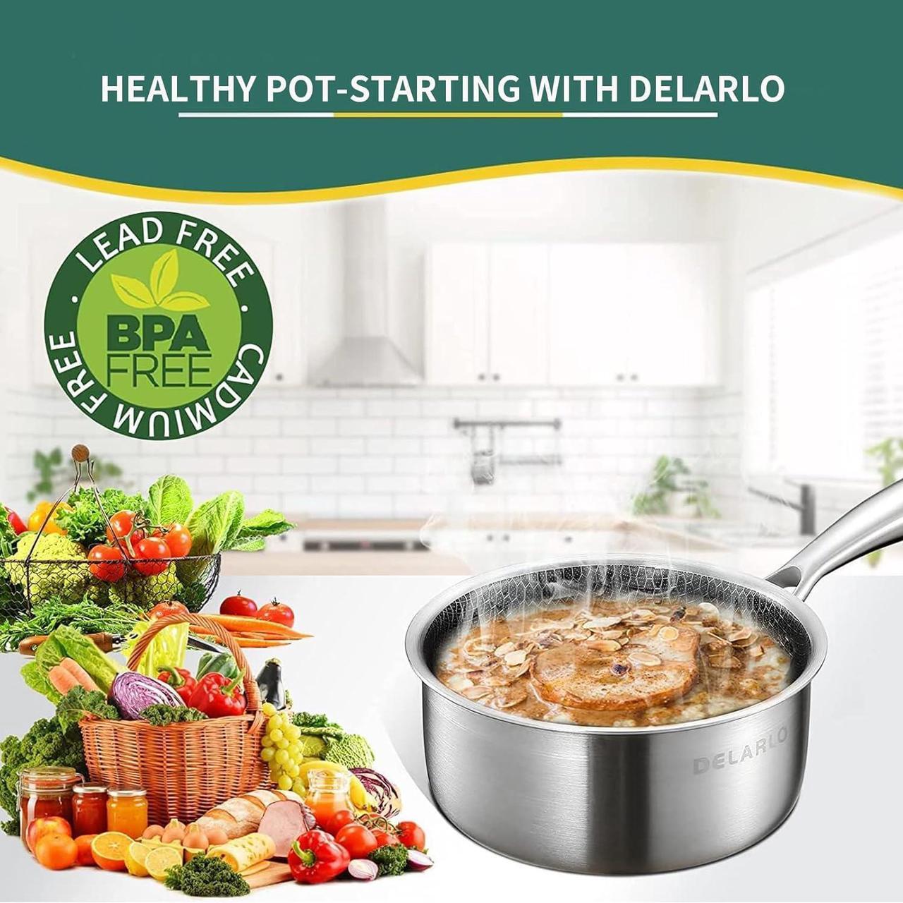 Alt view image 5 of 6 - DELARLO Tri-Ply Hybrid Stainless Steel Sauce Pan, Hybird 1.5QT Non Stick Pots, All Stove Safe Up to 600, Sauce Pot 1.5 Quart Non Stick Sauce Pan, Saucier Pan, Honeycomb Pan,Small Saucepan, Lids 300