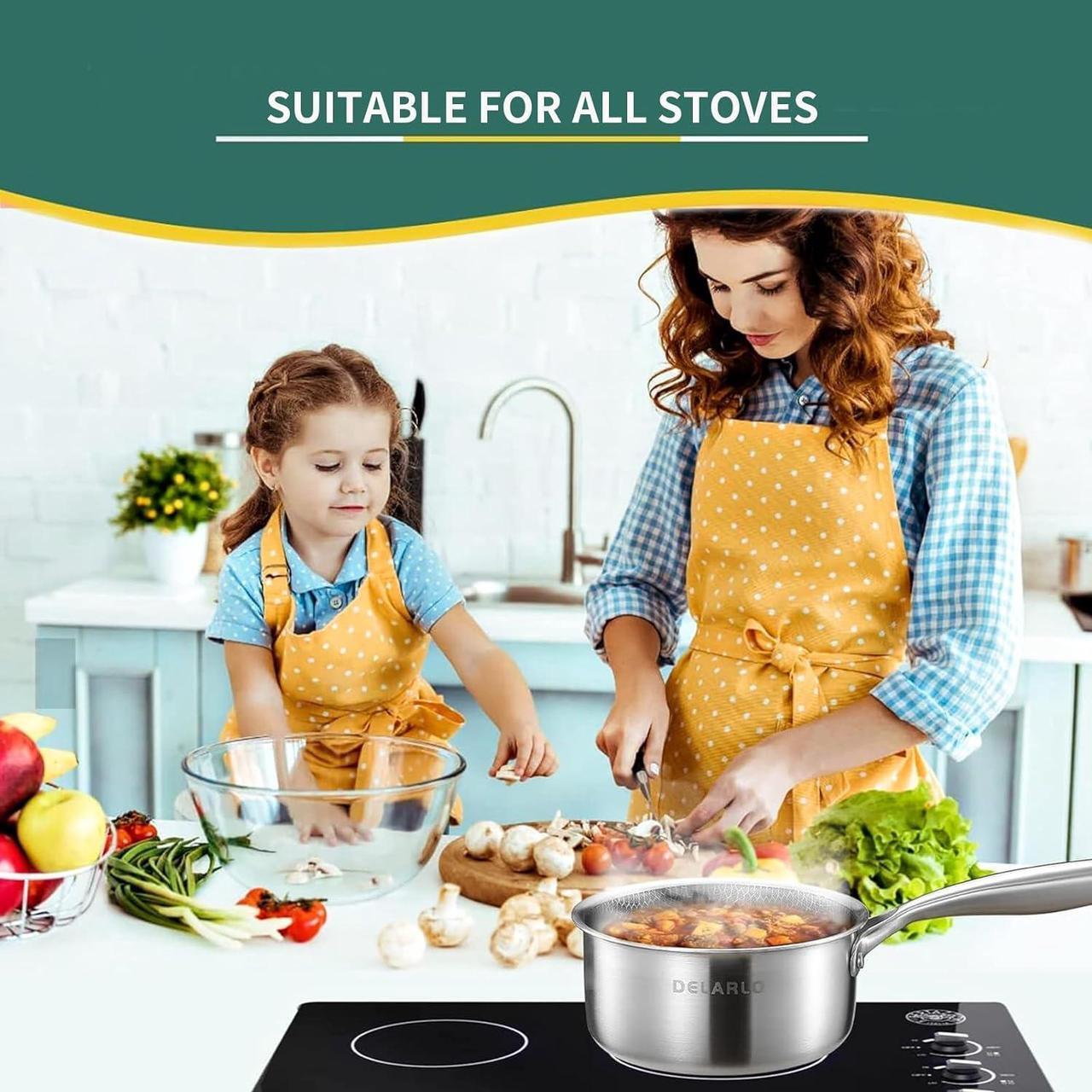 Alt view image 6 of 6 - DELARLO Tri-Ply Hybrid Stainless Steel Sauce Pan, Hybird 1.5QT Non Stick Pots, All Stove Safe Up to 600, Sauce Pot 1.5 Quart Non Stick Sauce Pan, Saucier Pan, Honeycomb Pan,Small Saucepan, Lids 300