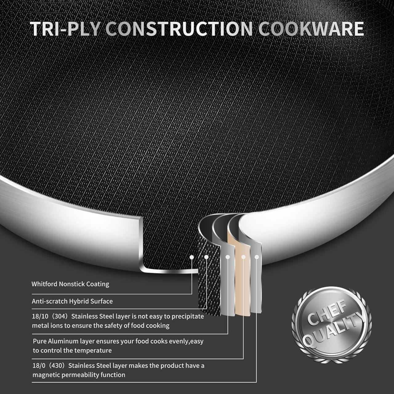 Alt view image 2 of 7 - Nonstick Frying Pan Skillet with Lid, 7 Quart Stainless Steel Saute Pan, 12inch Deep Frying Pan with Lid, Fast even Heat Cookware, Rondeau Pot with Lid Compatible with All Cooktops Up to 600