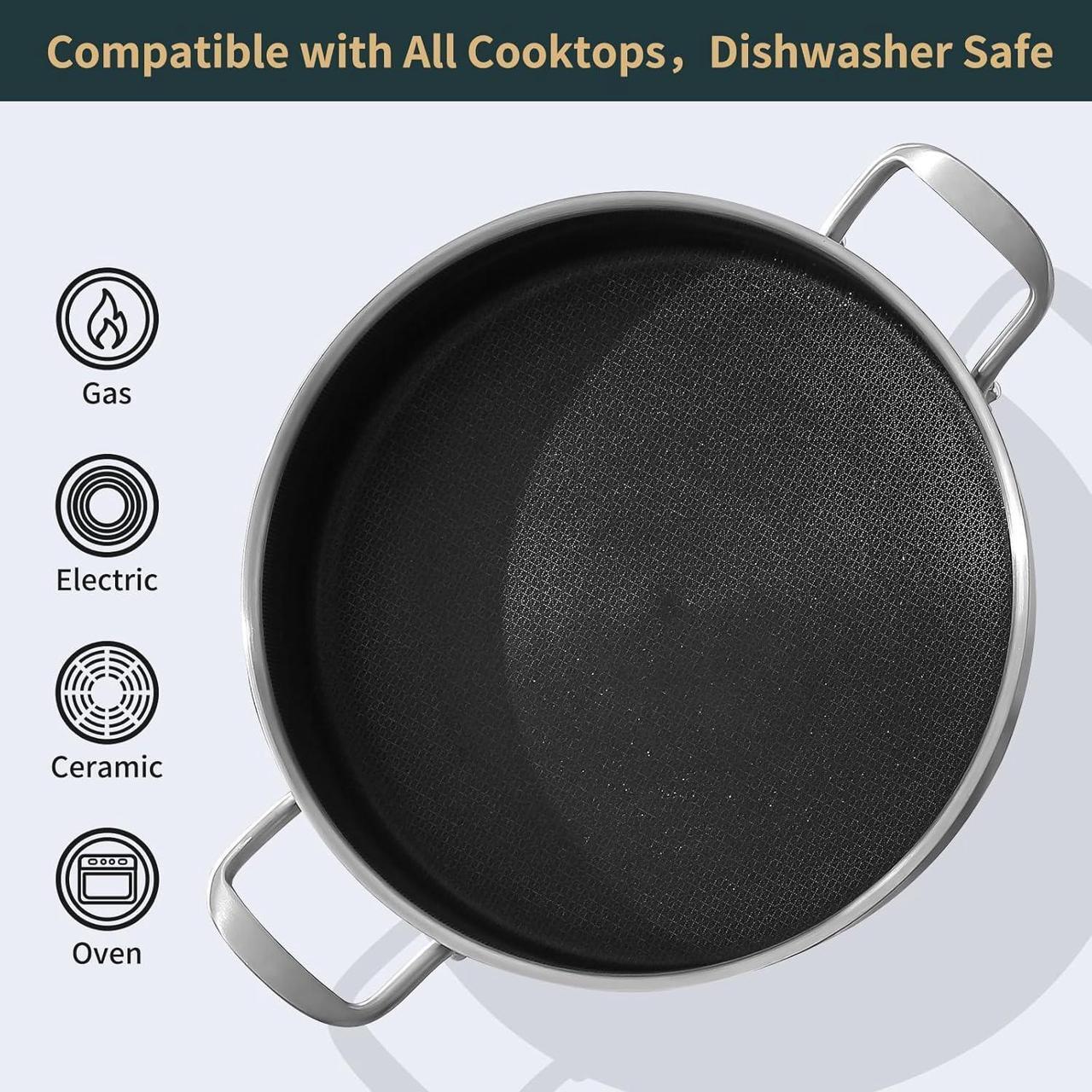 Alt view image 4 of 7 - Nonstick Frying Pan Skillet with Lid, 7 Quart Stainless Steel Saute Pan, 12inch Deep Frying Pan with Lid, Fast even Heat Cookware, Rondeau Pot with Lid Compatible with All Cooktops Up to 600