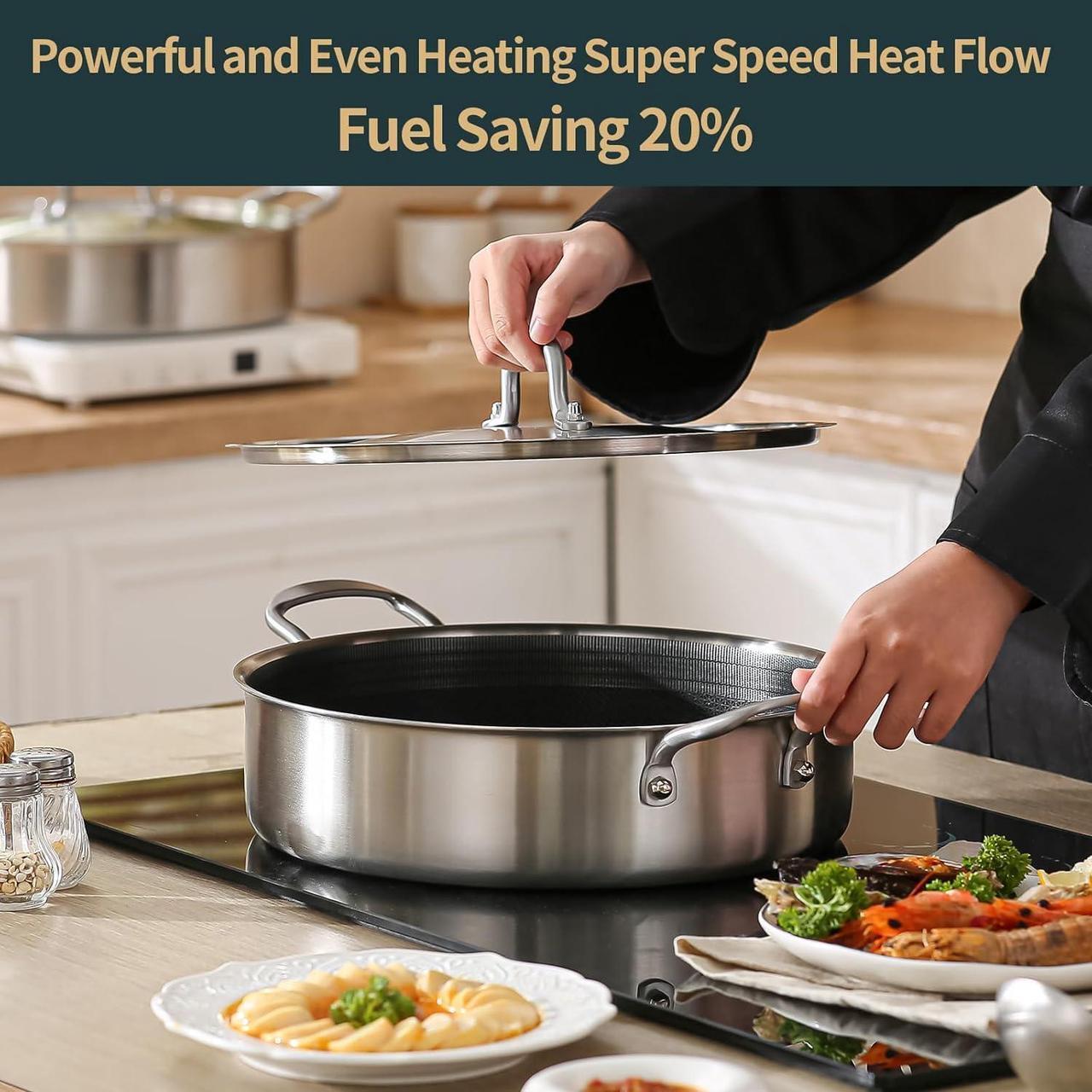 Alt view image 5 of 7 - Nonstick Frying Pan Skillet with Lid, 7 Quart Stainless Steel Saute Pan, 12inch Deep Frying Pan with Lid, Fast even Heat Cookware, Rondeau Pot with Lid Compatible with All Cooktops Up to 600