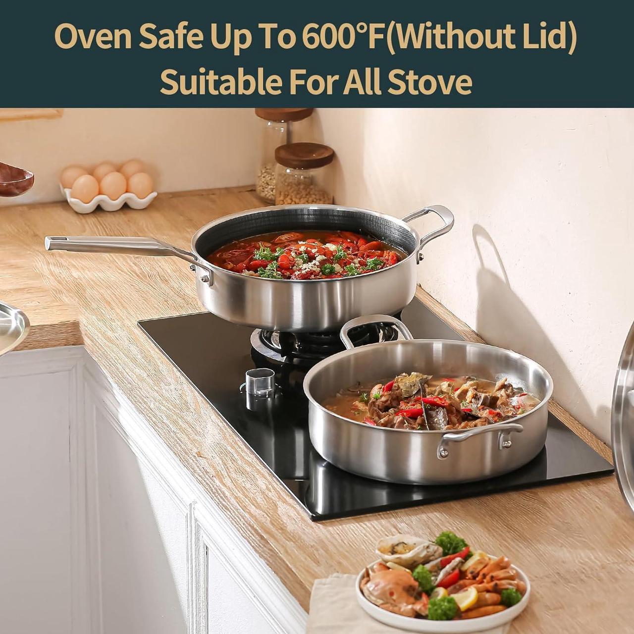 Alt view image 6 of 7 - Nonstick Frying Pan Skillet with Lid, 7 Quart Stainless Steel Saute Pan, 12inch Deep Frying Pan with Lid, Fast even Heat Cookware, Rondeau Pot with Lid Compatible with All Cooktops Up to 600