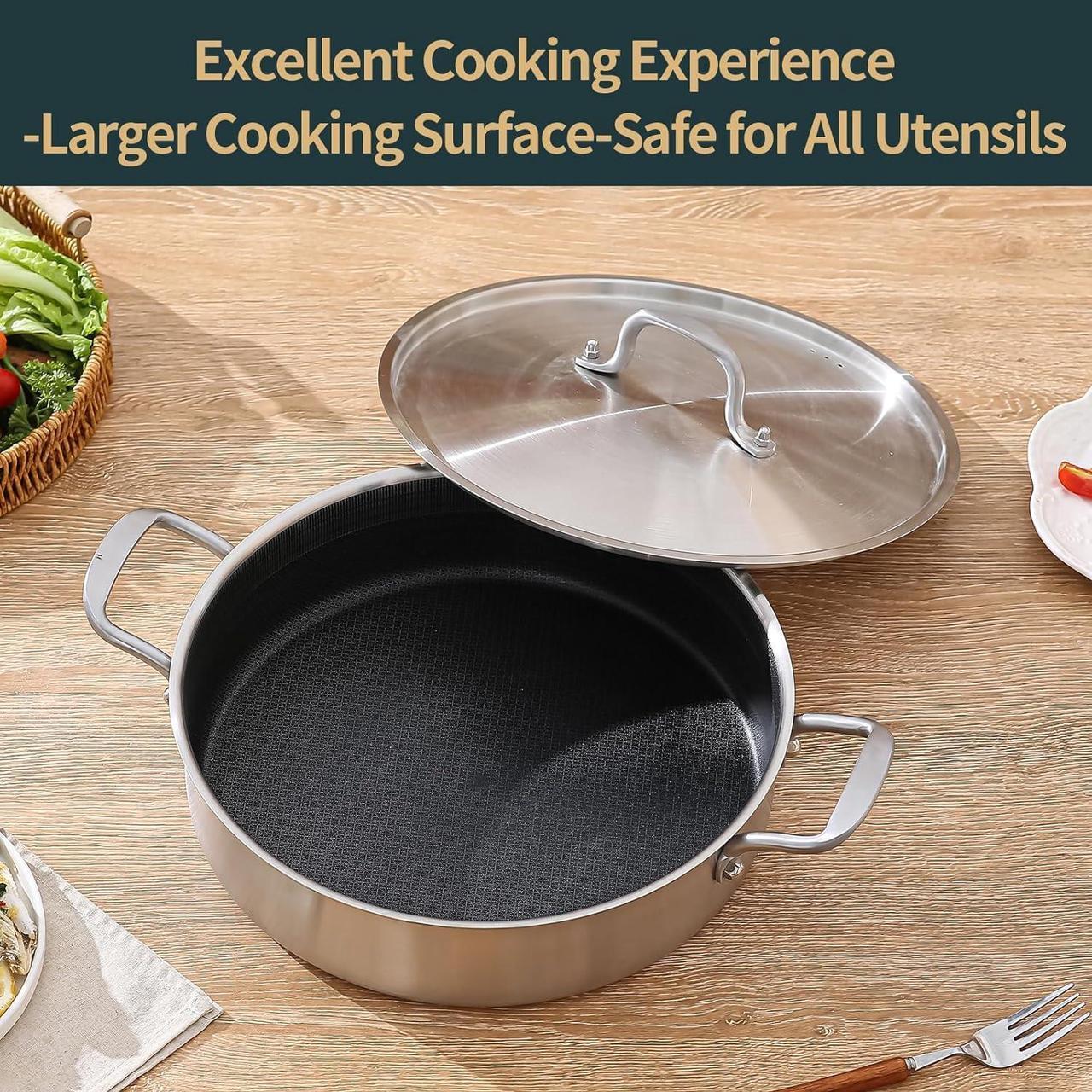 Alt view image 7 of 7 - Nonstick Frying Pan Skillet with Lid, 7 Quart Stainless Steel Saute Pan, 12inch Deep Frying Pan with Lid, Fast even Heat Cookware, Rondeau Pot with Lid Compatible with All Cooktops Up to 600