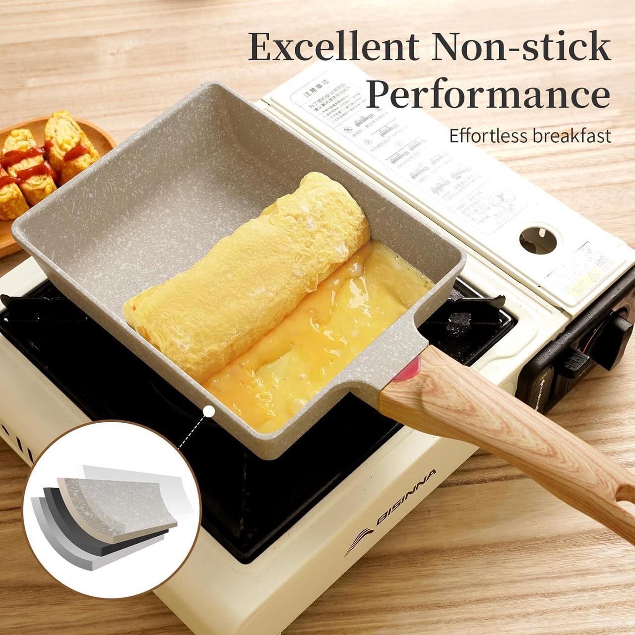 Alt view image 3 of 6 - Tamagoyaki Pan Japanese Omelette Pan - Nonstick Tamago Pan, Rectangle Egg Frying Pan, Omelet Pan with Whisk, Wooden Handle, PFOS & PFOA Free, Oven & Dishwasher Safe