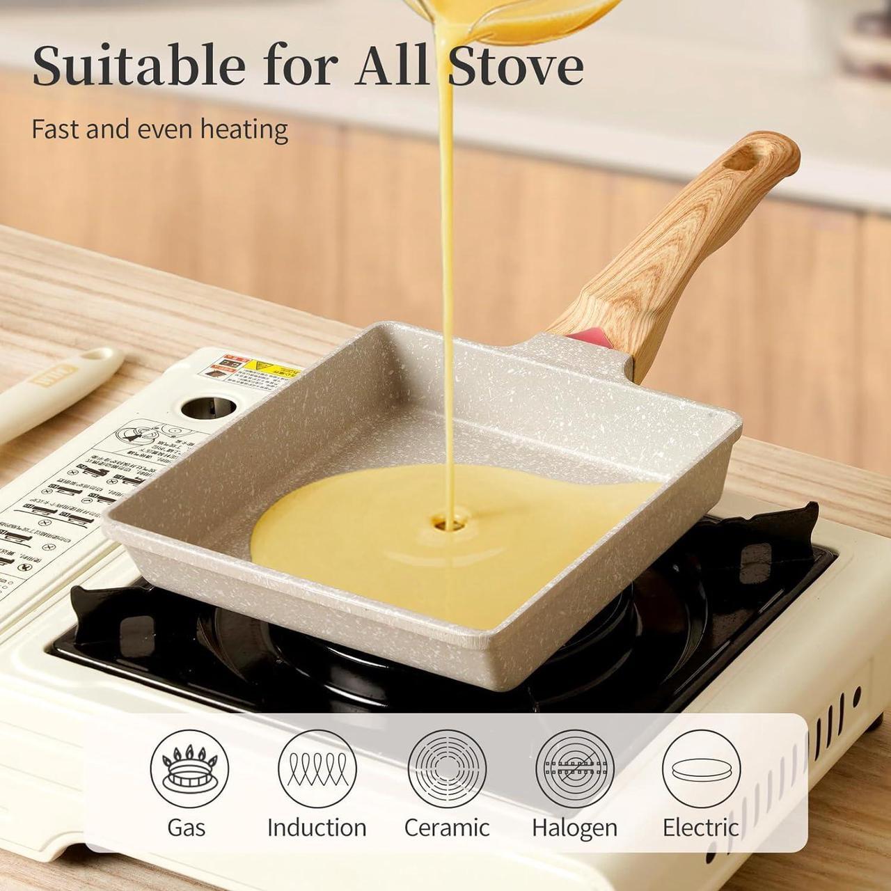 Alt view image 5 of 6 - Tamagoyaki Pan Japanese Omelette Pan - Nonstick Tamago Pan, Rectangle Egg Frying Pan, Omelet Pan with Whisk, Wooden Handle, PFOS & PFOA Free, Oven & Dishwasher Safe