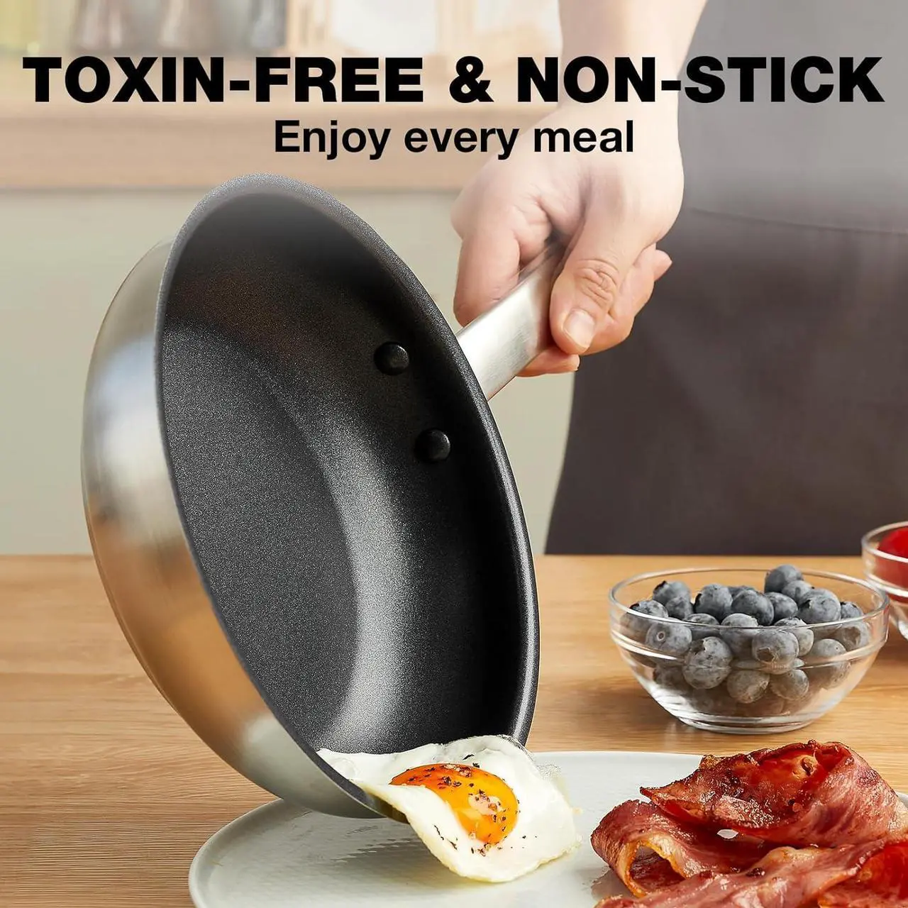 Alt view image 2 of 7 - KOCH SYSTEME CS Stainless Steel Pan 10 Inch, Non-toxic Stainless Steel Frying Pan with Nonstick Coating for Professional Cooking, Stainless Steel Skillet, 10 Inch Pan, Induction Compatible, Oven Safe