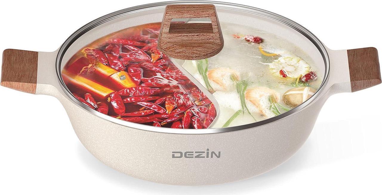 Main image of Dezin 5-QT Double-flavor Shabu Shabu Pot with Divider, Dual Sided Nonstick Hot Pot, 12 Inch Divided Stockpot for Cooking, Hotpot Pot for Induction Cooktop, Gas Stove & Hot Burner, Soup Ladle Included