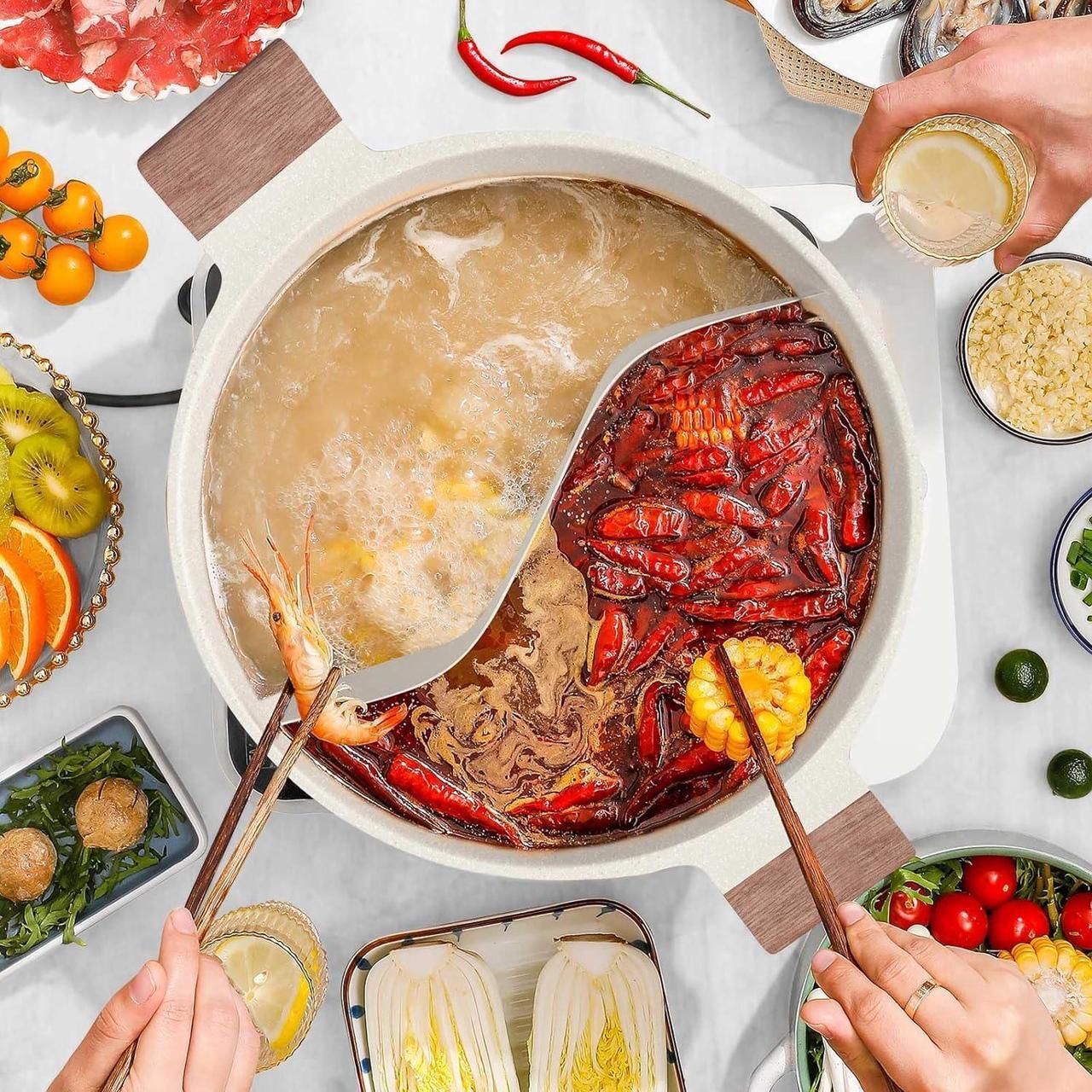 Alt view image 2 of 7 - Dezin 5-QT Double-flavor Shabu Shabu Pot with Divider, Dual Sided Nonstick Hot Pot, 12 Inch Divided Stockpot for Cooking, Hotpot Pot for Induction Cooktop, Gas Stove & Hot Burner, Soup Ladle Included