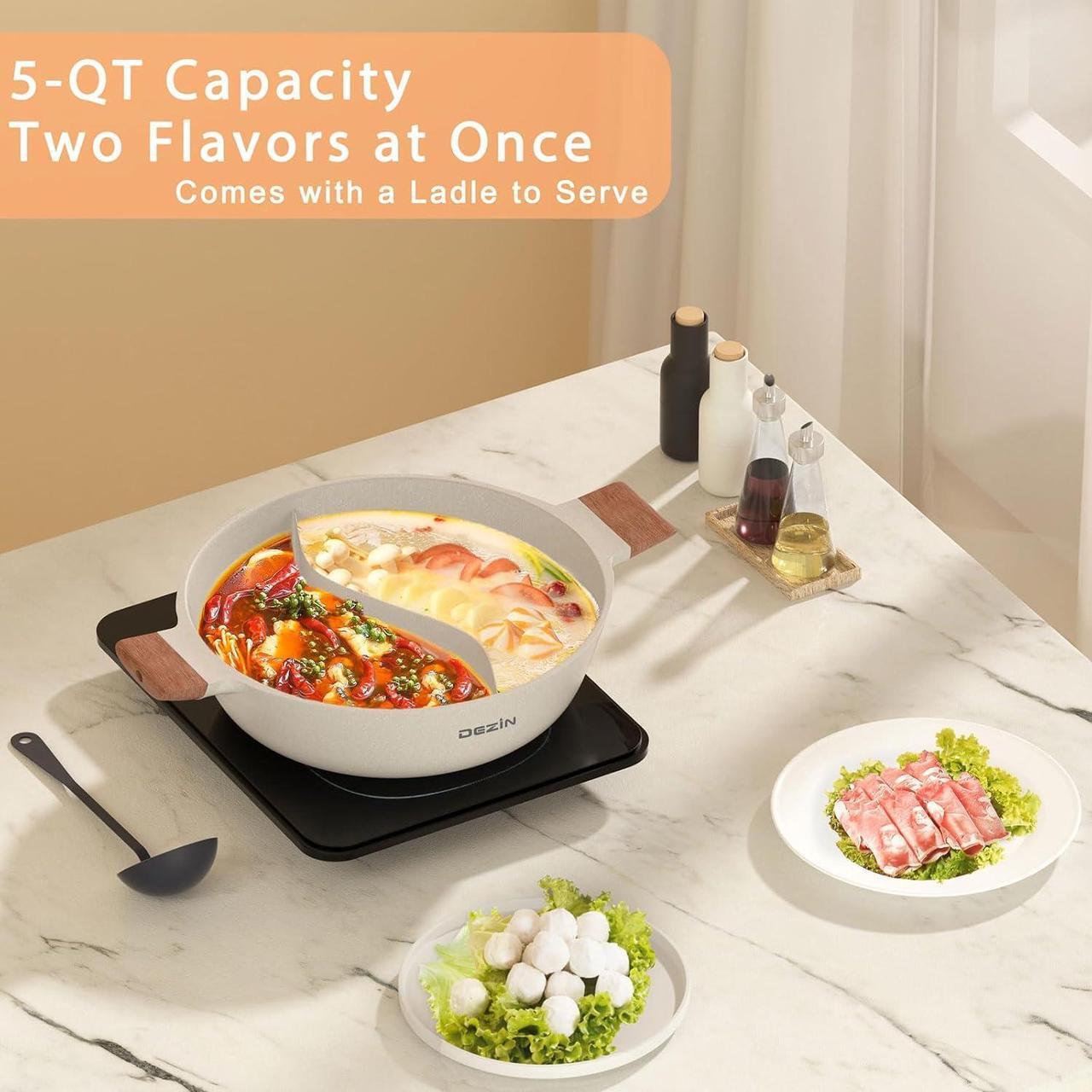 Alt view image 6 of 7 - Dezin 5-QT Double-flavor Shabu Shabu Pot with Divider, Dual Sided Nonstick Hot Pot, 12 Inch Divided Stockpot for Cooking, Hotpot Pot for Induction Cooktop, Gas Stove & Hot Burner, Soup Ladle Included