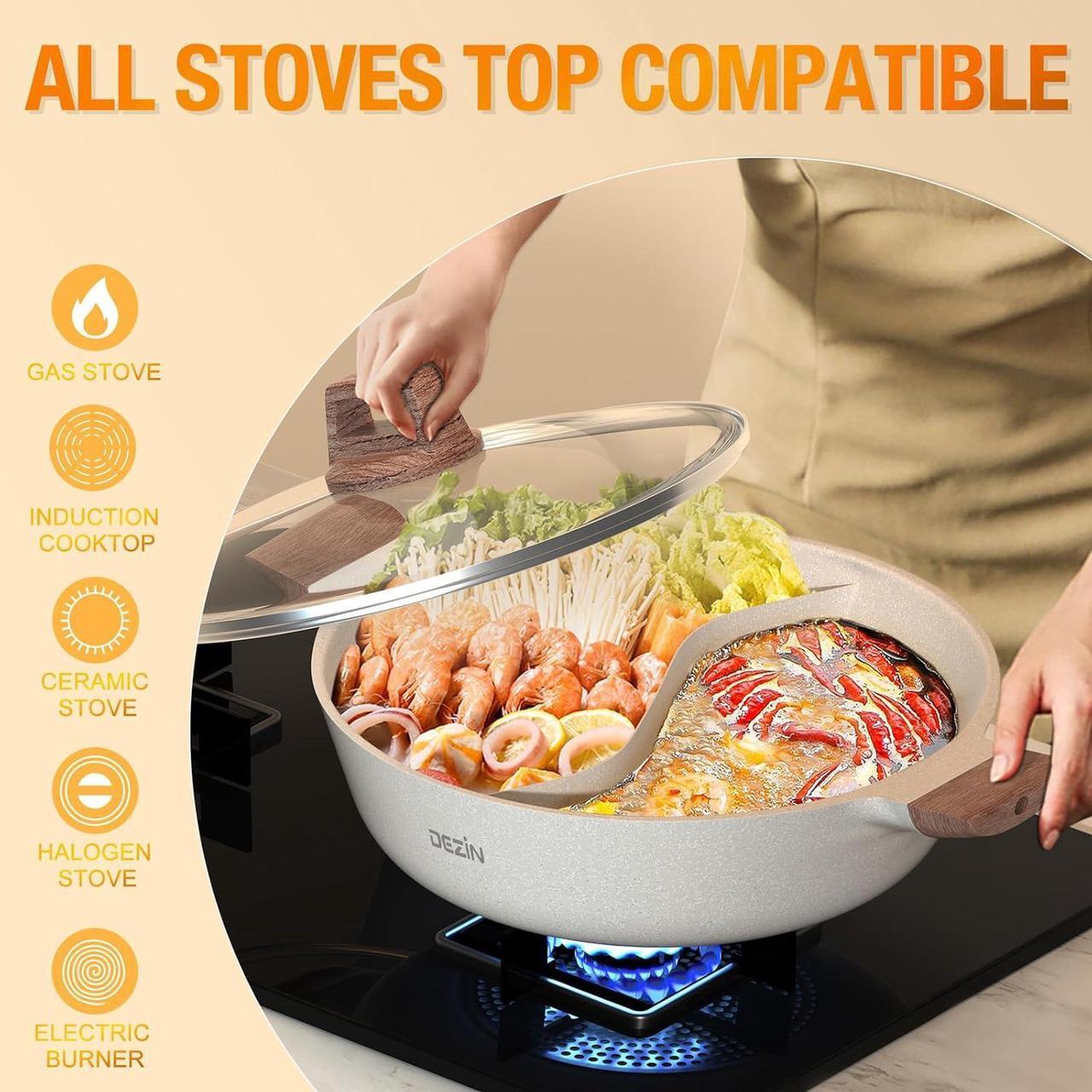 Alt view image 7 of 7 - Dezin 5-QT Double-flavor Shabu Shabu Pot with Divider, Dual Sided Nonstick Hot Pot, 12 Inch Divided Stockpot for Cooking, Hotpot Pot for Induction Cooktop, Gas Stove & Hot Burner, Soup Ladle Included