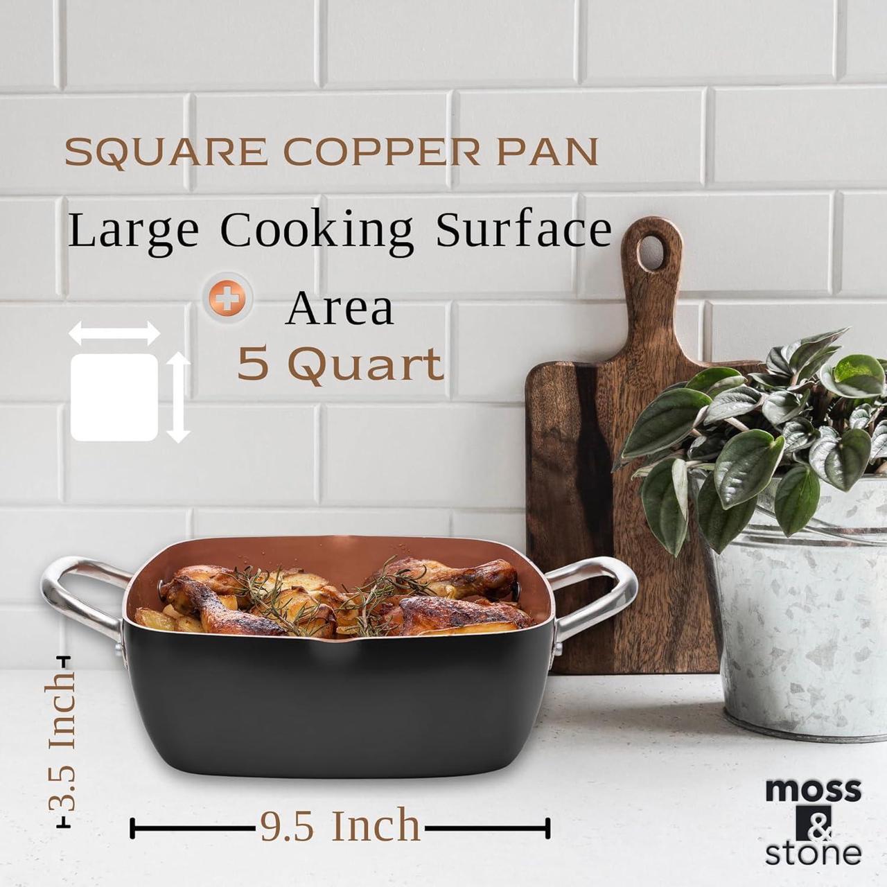 Alt view image 2 of 7 - Moss & Stone Copper 5 Piece Set Chef Cookware, 9.5 Non Stick Pan, Deep Square Pan, Fry Basket, Steamer Tray, Dishwasher & Oven Safe, 5 Quart Copper Pot Set, Black Induction Cookware Set