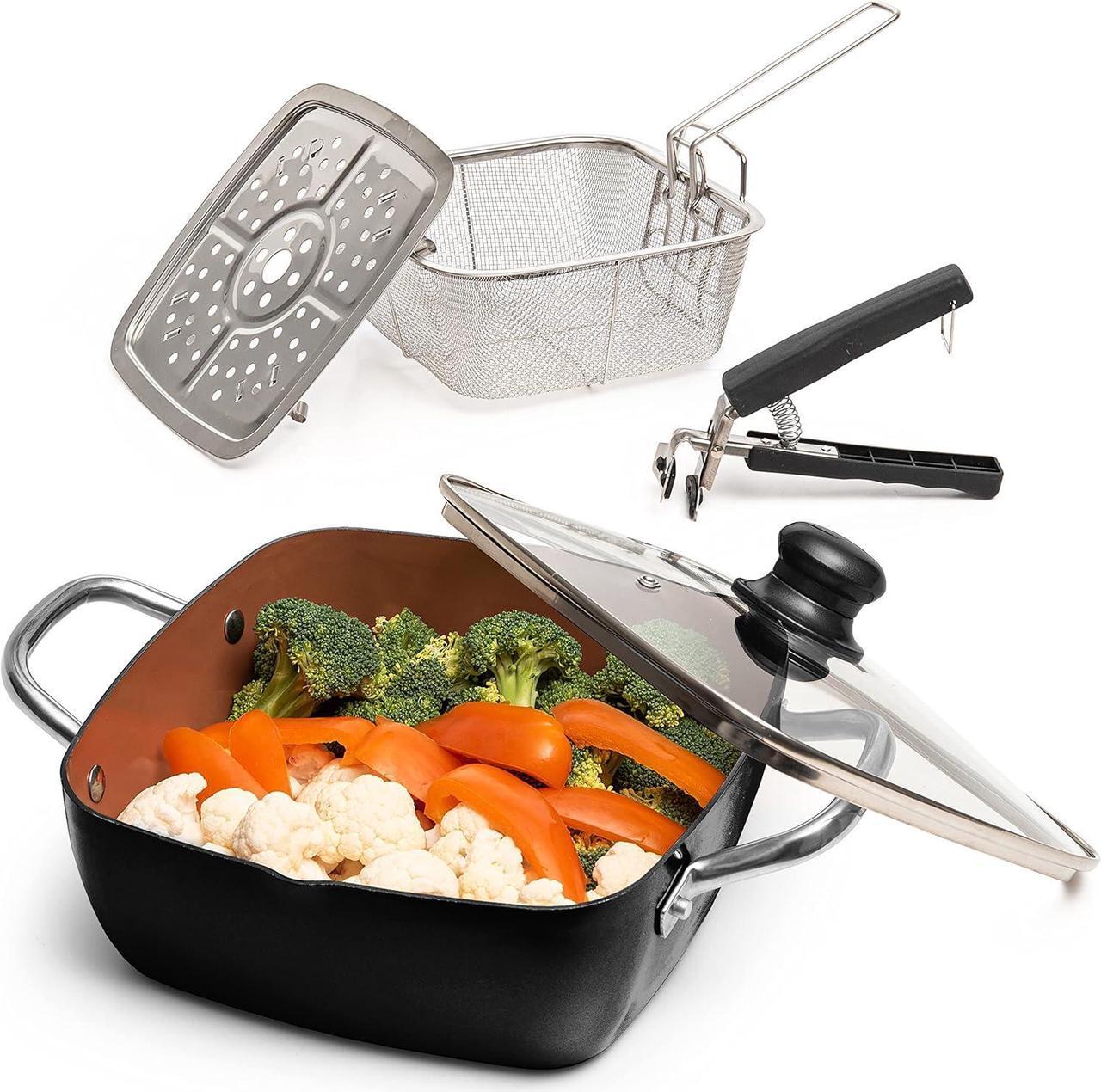 Main image of Moss & Stone Copper 5 Piece Set Chef Cookware, 9.5 Non Stick Pan, Deep Square Pan, Fry Basket, Steamer Tray, Dishwasher & Oven Safe, 5 Quart Copper Pot Set, Black Induction Cookware Set