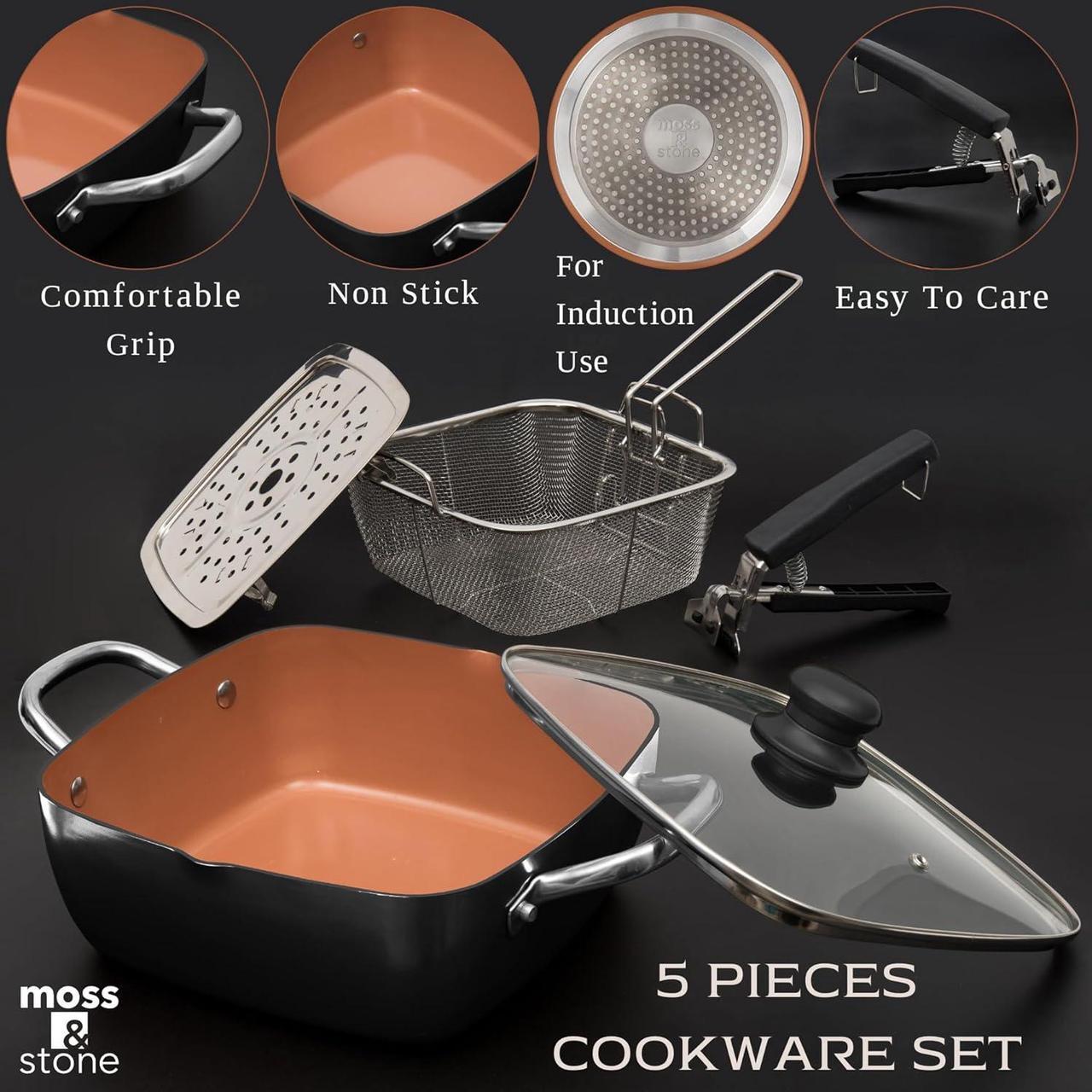 Alt view image 3 of 7 - Moss & Stone Copper 5 Piece Set Chef Cookware, 9.5 Non Stick Pan, Deep Square Pan, Fry Basket, Steamer Tray, Dishwasher & Oven Safe, 5 Quart Copper Pot Set, Black Induction Cookware Set