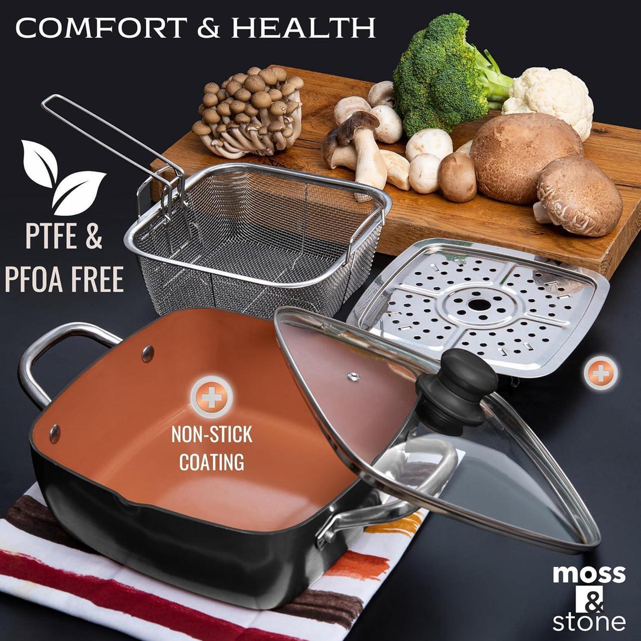 Alt view image 4 of 7 - Moss & Stone Copper 5 Piece Set Chef Cookware, 9.5 Non Stick Pan, Deep Square Pan, Fry Basket, Steamer Tray, Dishwasher & Oven Safe, 5 Quart Copper Pot Set, Black Induction Cookware Set