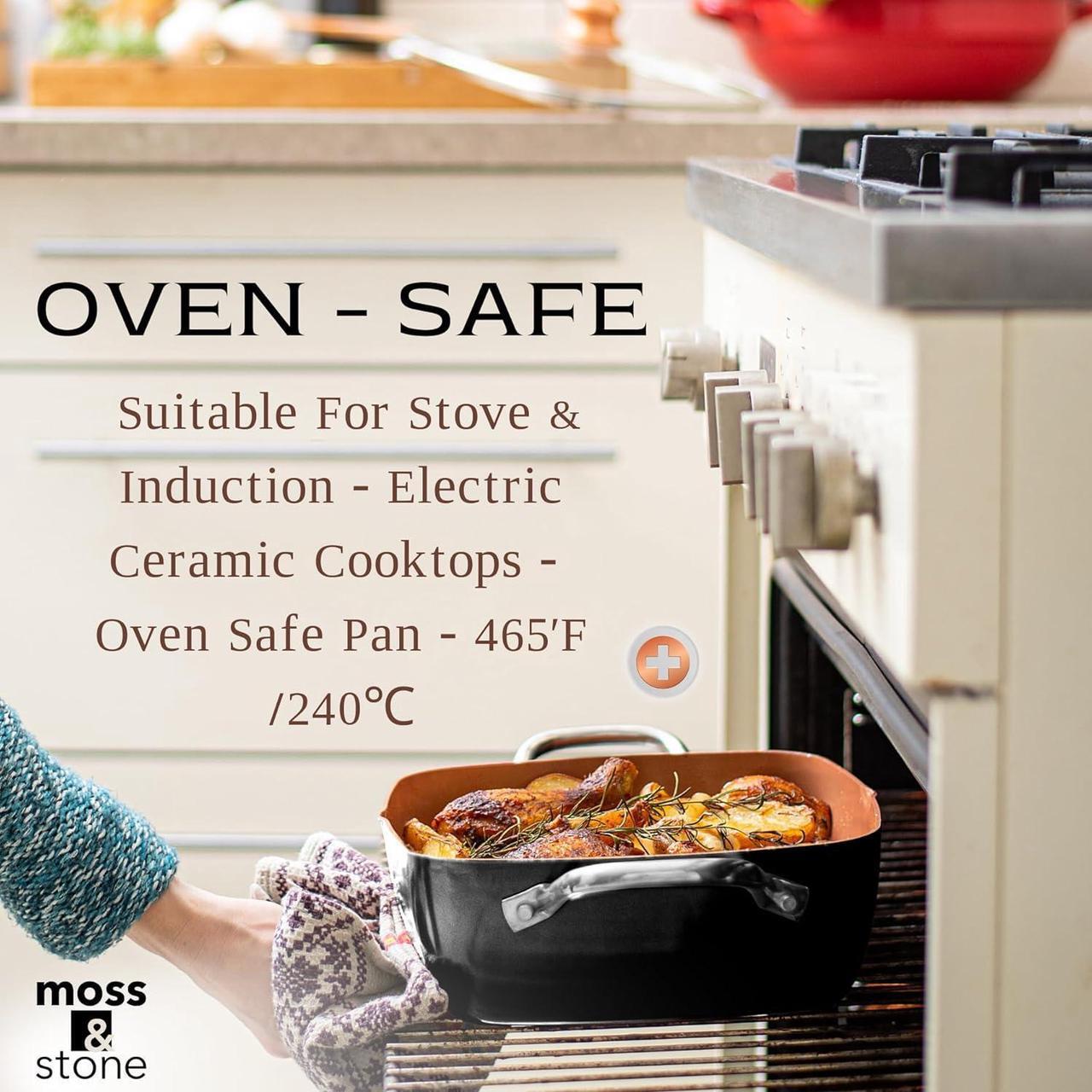 Alt view image 5 of 7 - Moss & Stone Copper 5 Piece Set Chef Cookware, 9.5 Non Stick Pan, Deep Square Pan, Fry Basket, Steamer Tray, Dishwasher & Oven Safe, 5 Quart Copper Pot Set, Black Induction Cookware Set