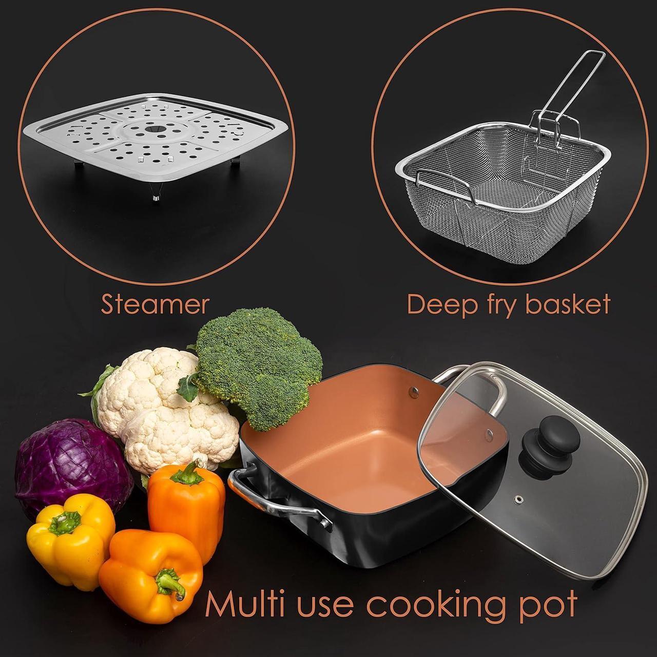 Alt view image 6 of 7 - Moss & Stone Copper 5 Piece Set Chef Cookware, 9.5 Non Stick Pan, Deep Square Pan, Fry Basket, Steamer Tray, Dishwasher & Oven Safe, 5 Quart Copper Pot Set, Black Induction Cookware Set