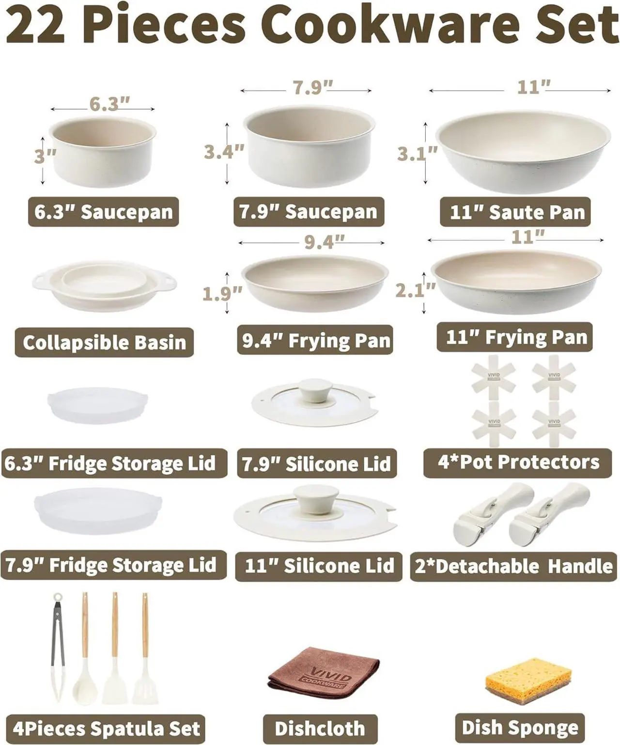 Alt view image 2 of 7 - 22pcs Pots and Pans Set Non Stick, Ceramic Cookware Set with Detachable Handle, Pot Sets for Cooking Nonstick with Collapsible Dish Basin, Oven Safe