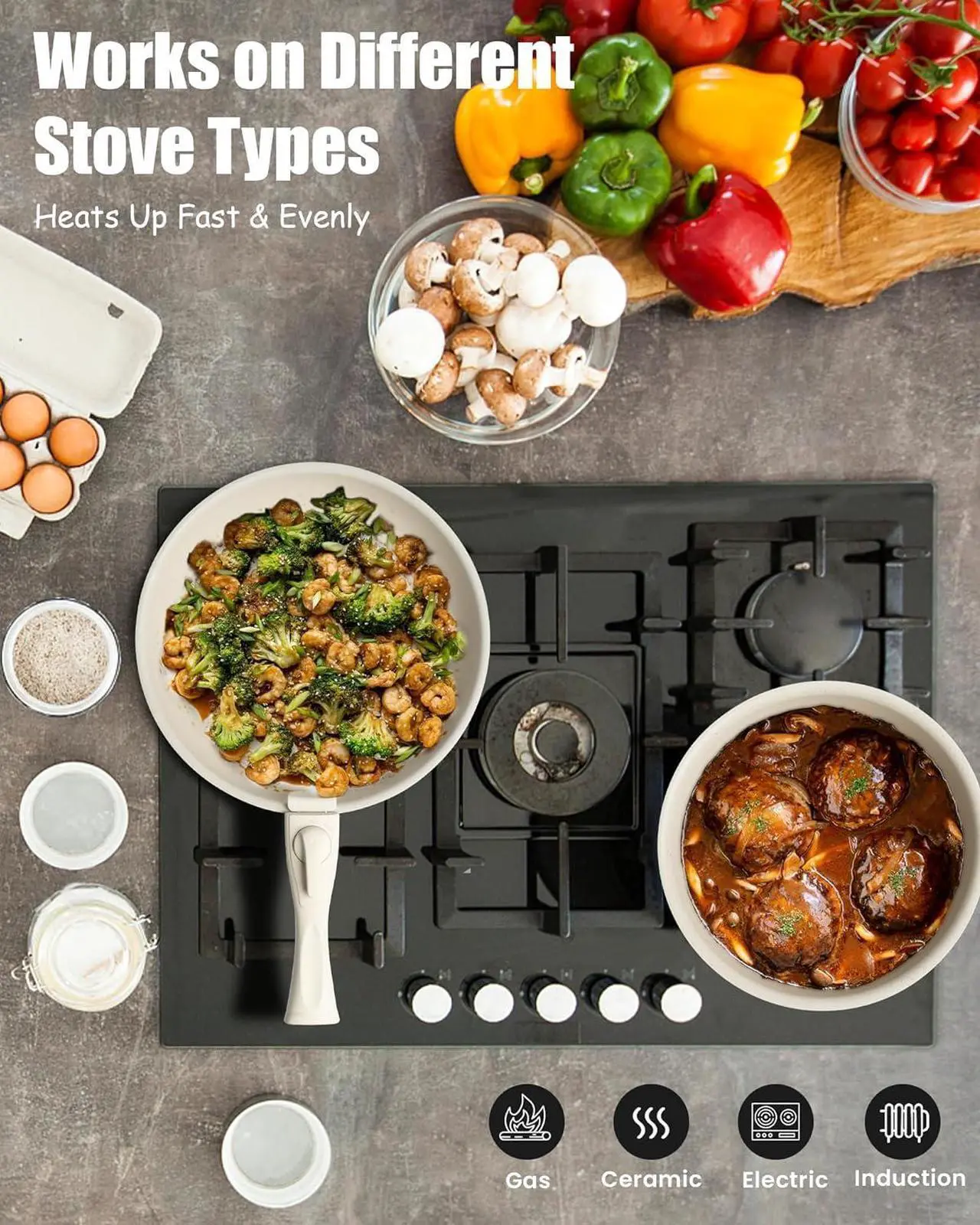 Alt view image 4 of 7 - 22pcs Pots and Pans Set Non Stick, Ceramic Cookware Set with Detachable Handle, Pot Sets for Cooking Nonstick with Collapsible Dish Basin, Oven Safe