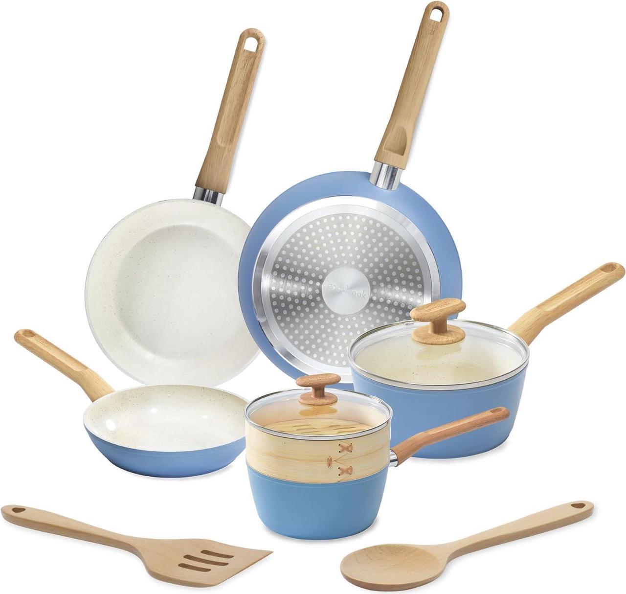 Main image of GoodCook 10-Piece Healthy Ceramic Titanium-Infused Cookware Set, Light Blue  Pots, Pans, Steamer, Spoon & Turner  Induction Cookware, Kitchen Pots & Pans Set, Nonstick Cooking Pan Set