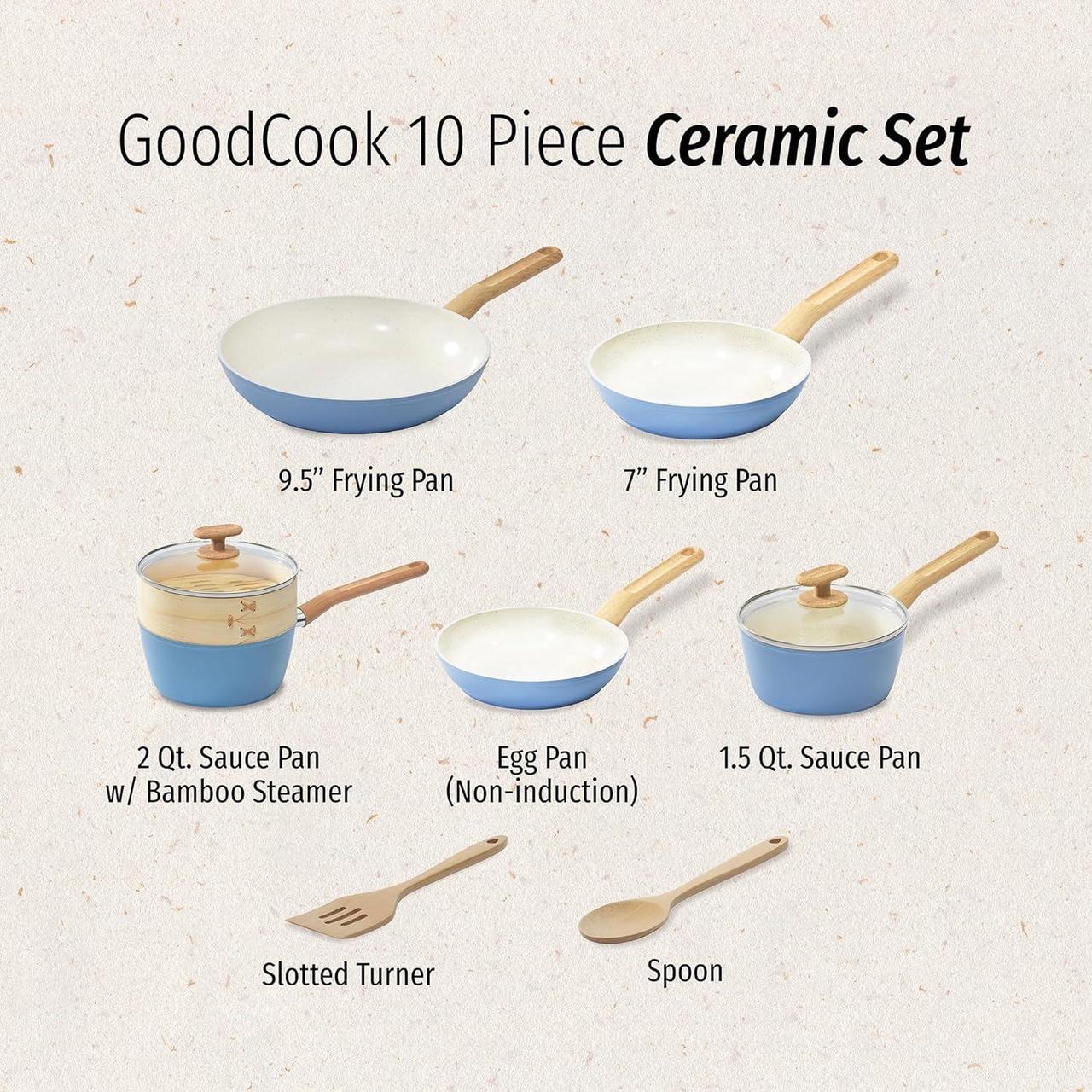 Alt view image 4 of 6 - GoodCook 10-Piece Healthy Ceramic Titanium-Infused Cookware Set, Light Blue  Pots, Pans, Steamer, Spoon & Turner  Induction Cookware, Kitchen Pots & Pans Set, Nonstick Cooking Pan Set