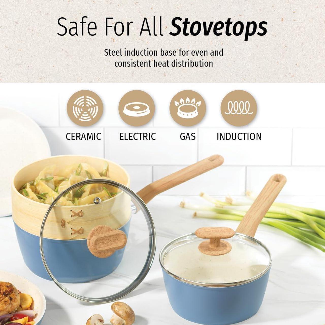 Alt view image 5 of 6 - GoodCook 10-Piece Healthy Ceramic Titanium-Infused Cookware Set, Light Blue  Pots, Pans, Steamer, Spoon & Turner  Induction Cookware, Kitchen Pots & Pans Set, Nonstick Cooking Pan Set