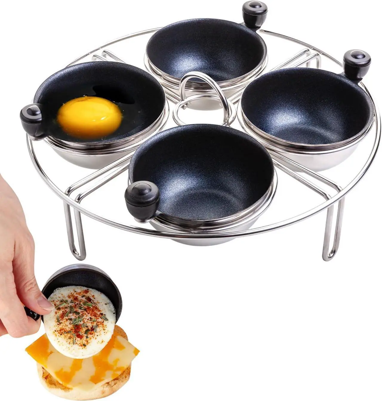 Main image of Eggssentials Egg Poacher Insert Stainless Steel Poached Egg Cooker Eggs Poaching Cup PFOA Free Egg Poachers Nonstick, 7.25" Rack Compatible with Skillet Instant Pot
