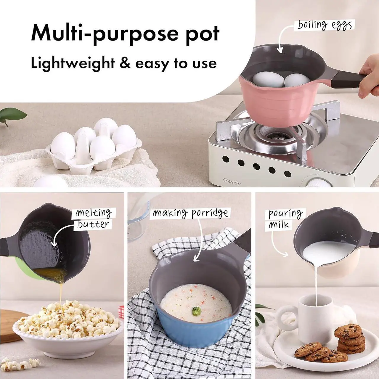 Alt view image 5 of 6 - Neoflam 1qt Saucepan Butter Warmer Milk Boiling|Melting Pot, Ecolon Healthy Ceramic Nonstick Coating PFOA-free, 2 Pour Spouts, Dishwasher Safe, Ivory