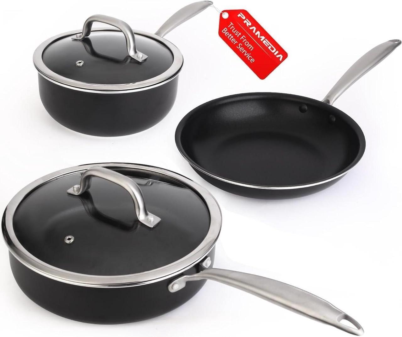 Main image of Induction Pots and Pans Set, 5 Pcs Non Stick Cookware Set with Stainless Steel Handle, Non Toxic Kitchen Cookware Sets For Oven & Dishwasher Safe,100% PFOA Free, Black