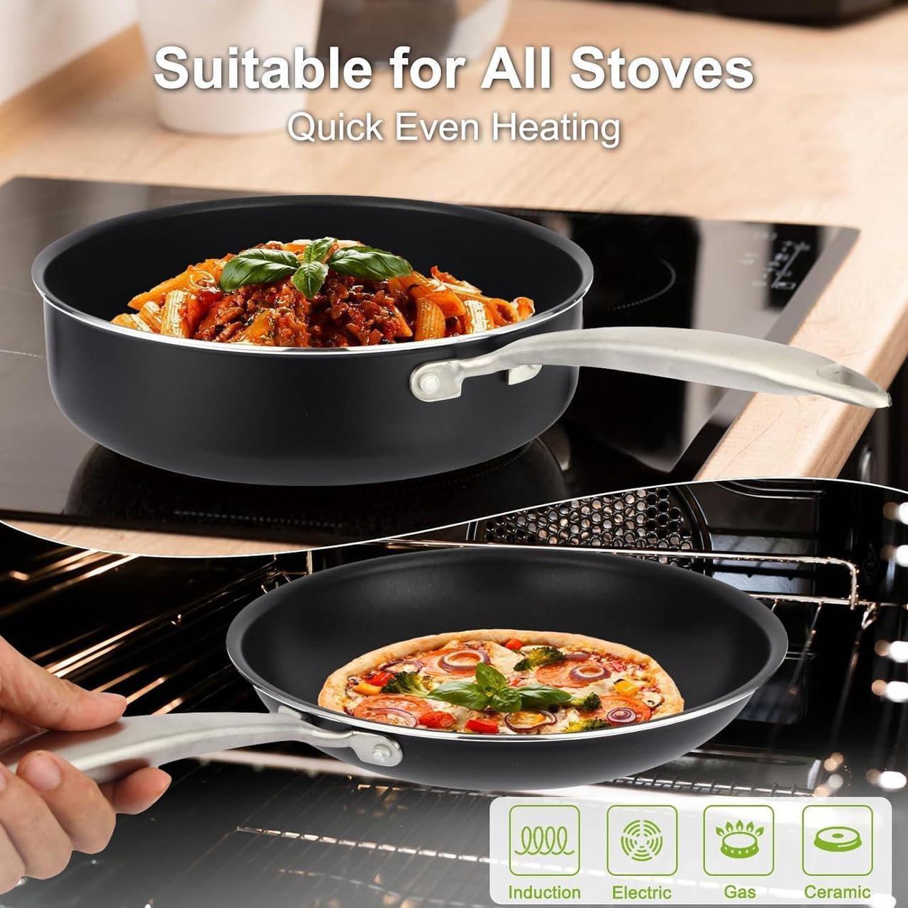 Alt view image 2 of 7 - Induction Pots and Pans Set, 5 Pcs Non Stick Cookware Set with Stainless Steel Handle, Non Toxic Kitchen Cookware Sets For Oven & Dishwasher Safe,100% PFOA Free, Black